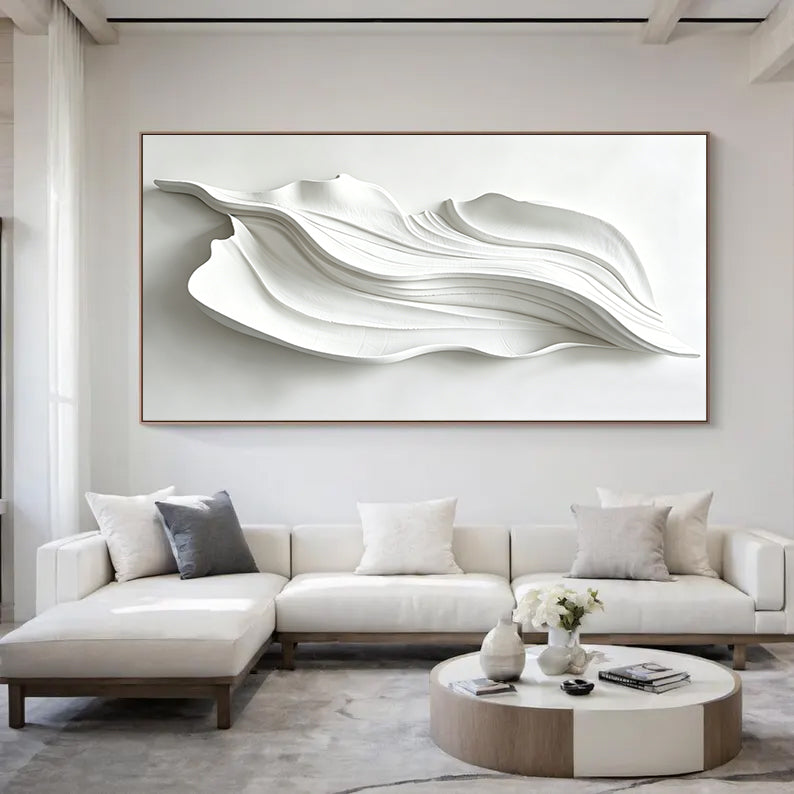 Large White 3D Abstract Wood Wall Art – Organic Flowing Carved Panel – Contemporary Japandi Style