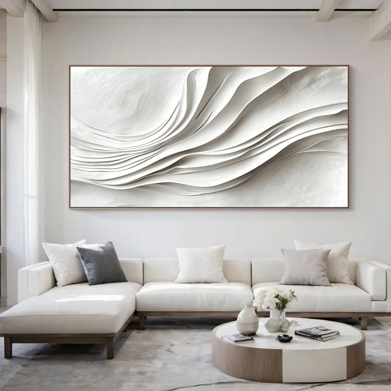 Large White 3D Textured Flowing Wave Wall Art - Modern Minimalist Wood Relief Painting for Living Room