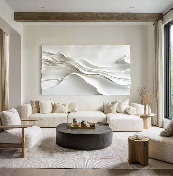 Large White 3D Abstract Wood Wall Painting Original hand-painted 3D textured wall art