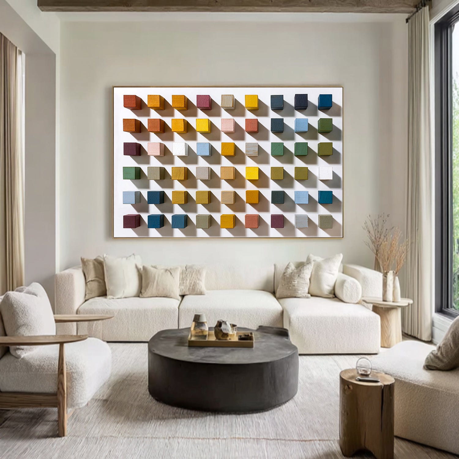 Colorful Geometric Wood Wall Art Hand-painted Wood Blocks Home Decor