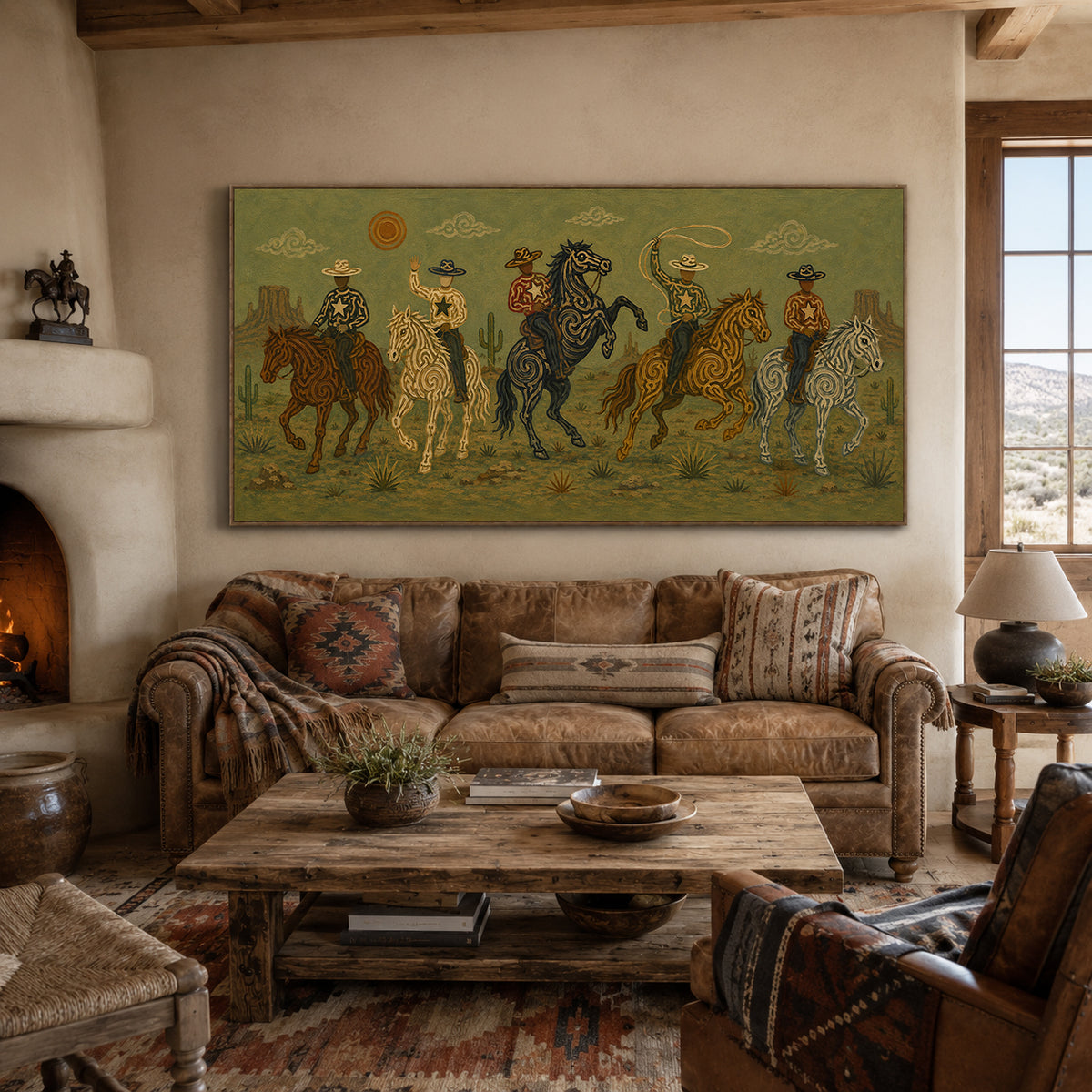 Olive Western Cowboy Painting, Panoramic Lasso Horse Riders, Southwestern Ranch Wall Art