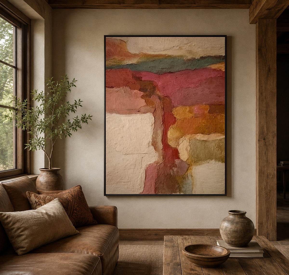 Abstract Earth Tone Canvas Painting With Textured Vintage Landscape Art