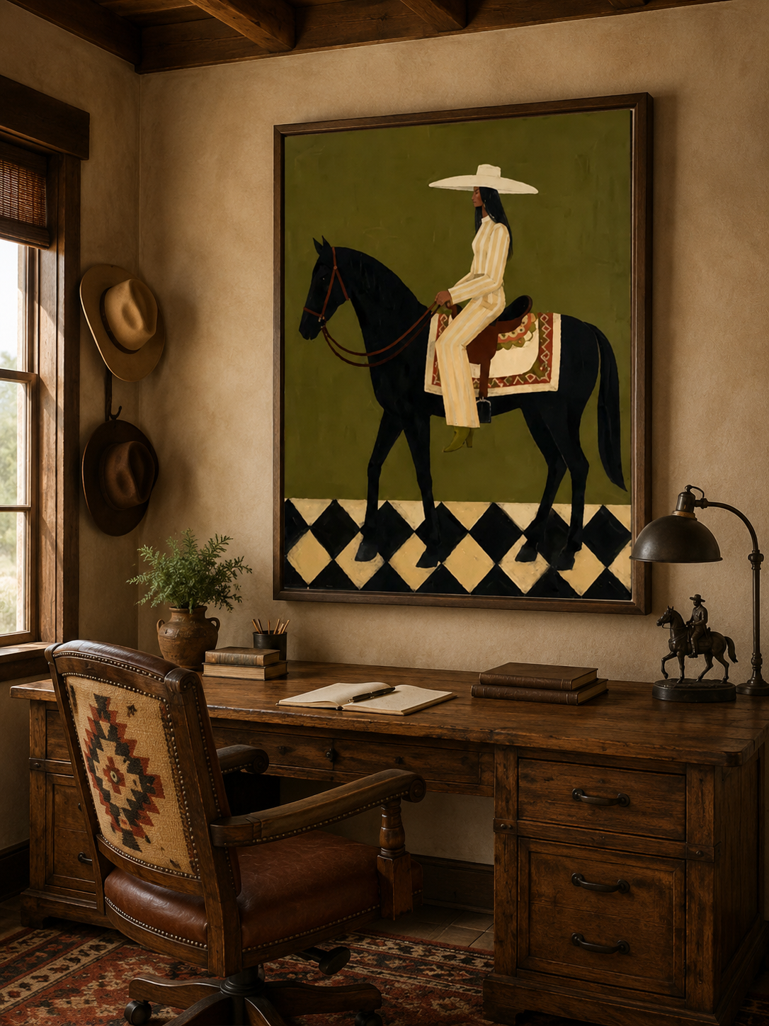 Retro Equestrian Art Painting Olive Green Background Woman On Horse Wall Decor
