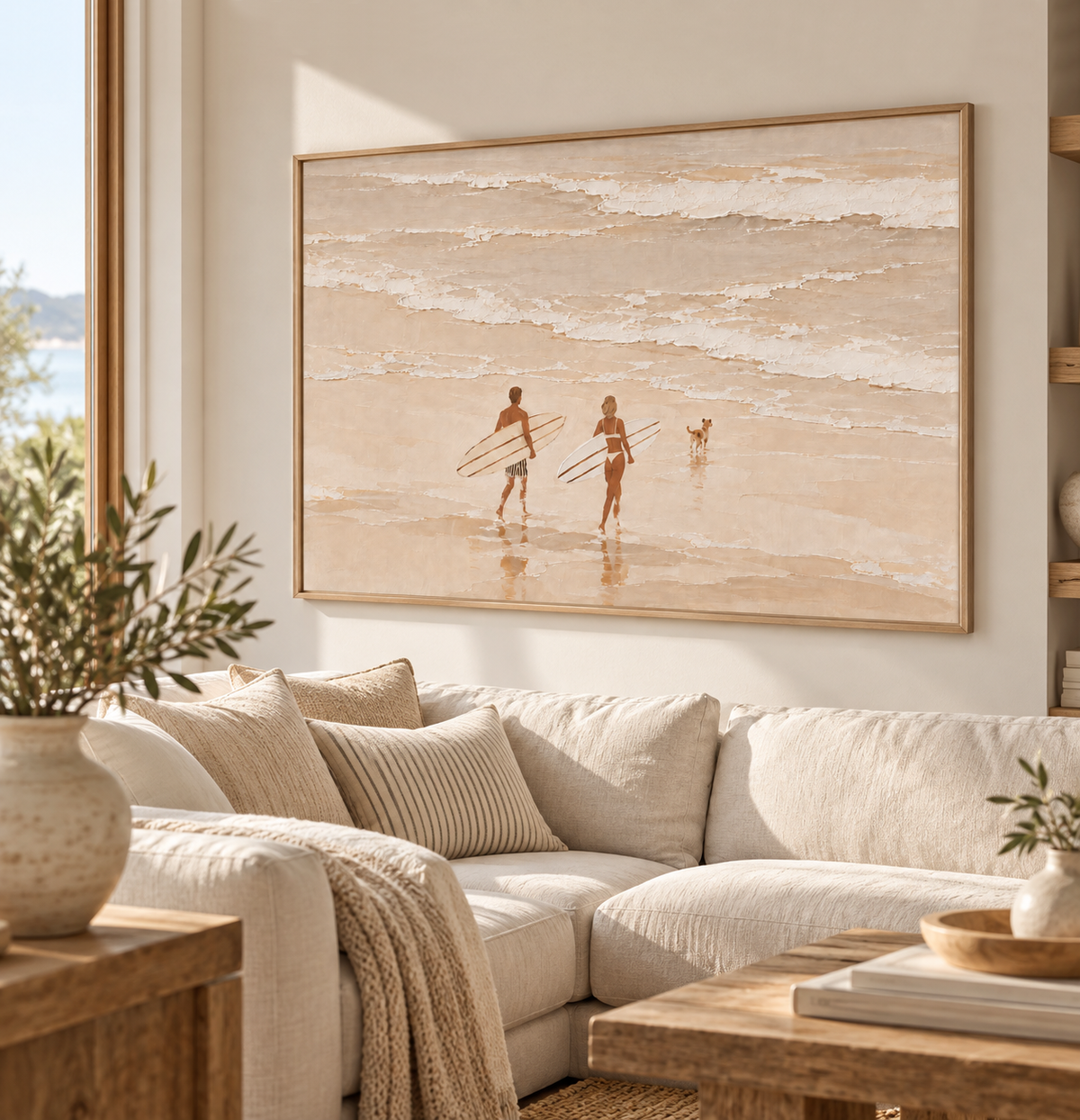 Neutral Cream Beach Canvas Art, Couple And Dog Surfing Wall Decor Surfboard Painting