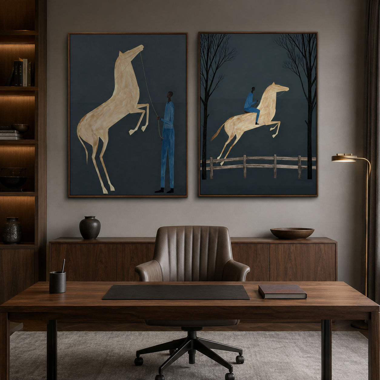 Minimalist Horse Painting Set Deep Blue Background Modern Wall Art For Living Room