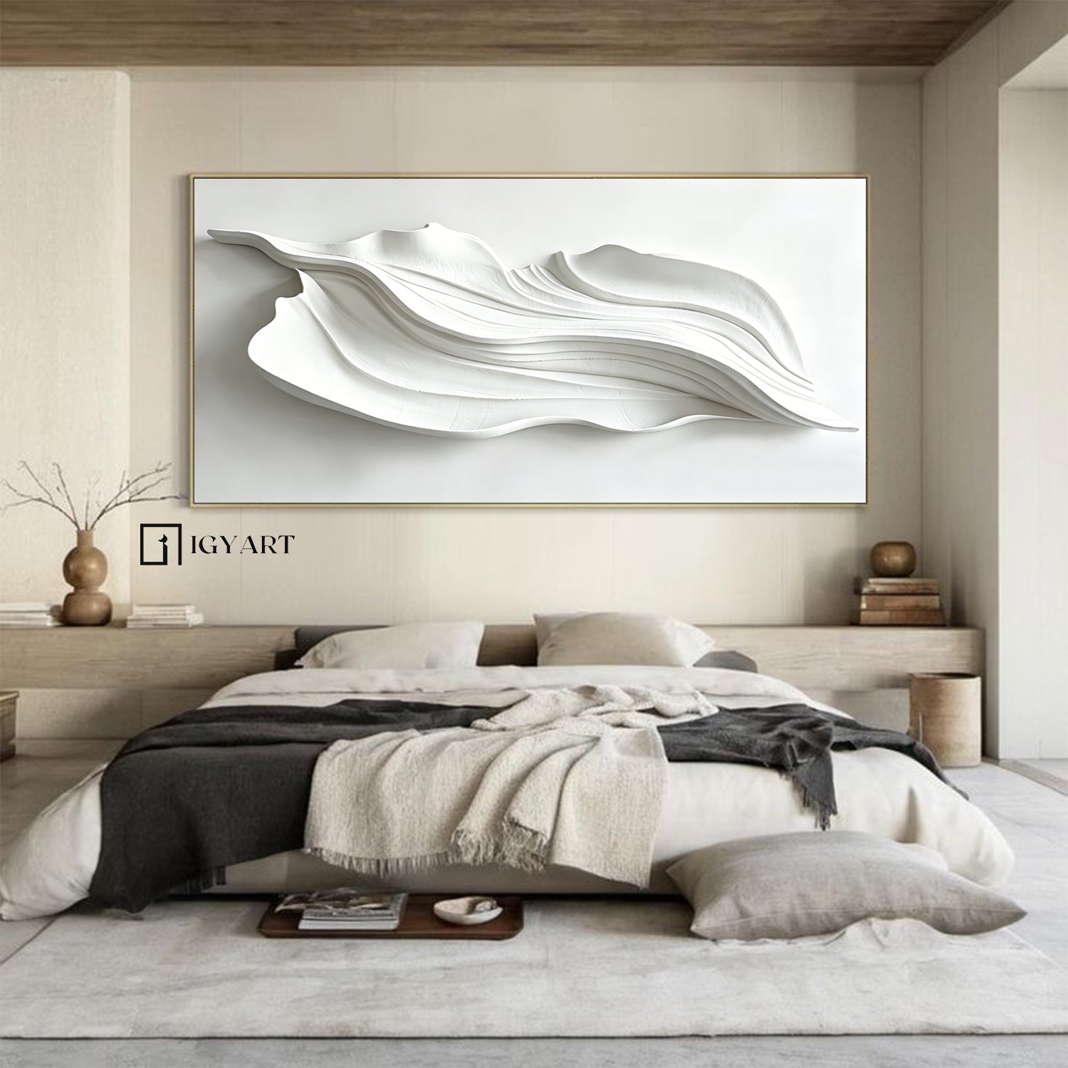 Large White 3D Abstract Wood Wall Art – Organic Flowing Carved Panel – Contemporary Japandi Style