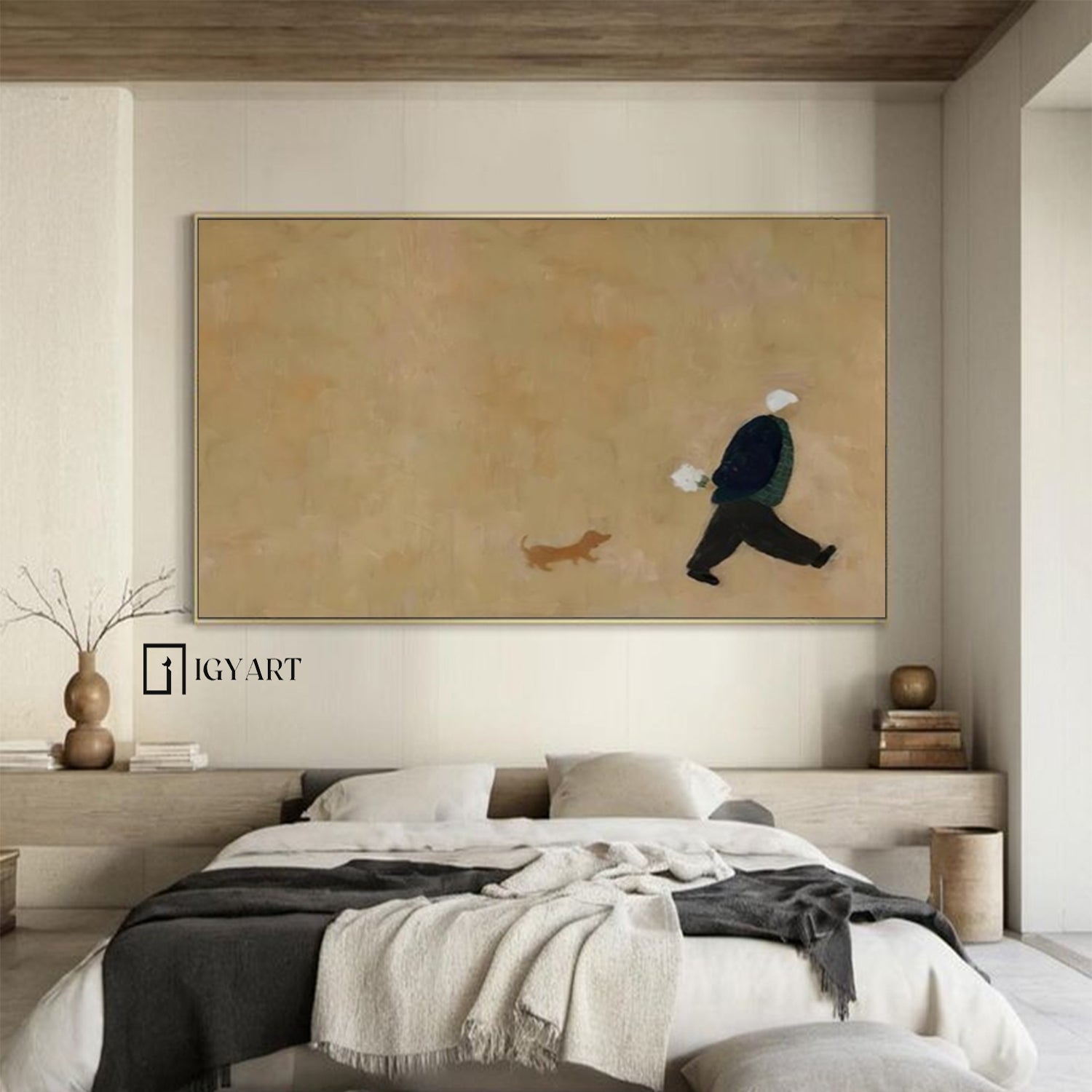 Man and Puppy Walking oil Painting Beige Minimalist Wall Art