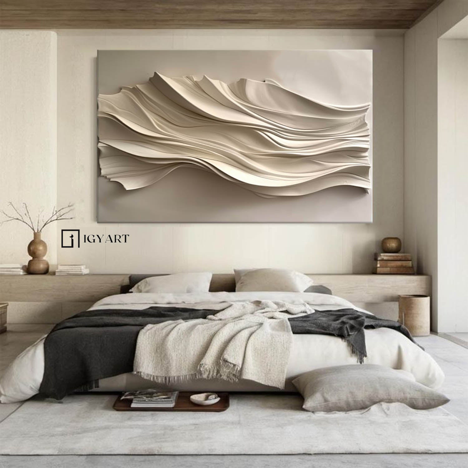 Beige Sculptured art Wood carving wall art Beige 3D Textured Wall Art