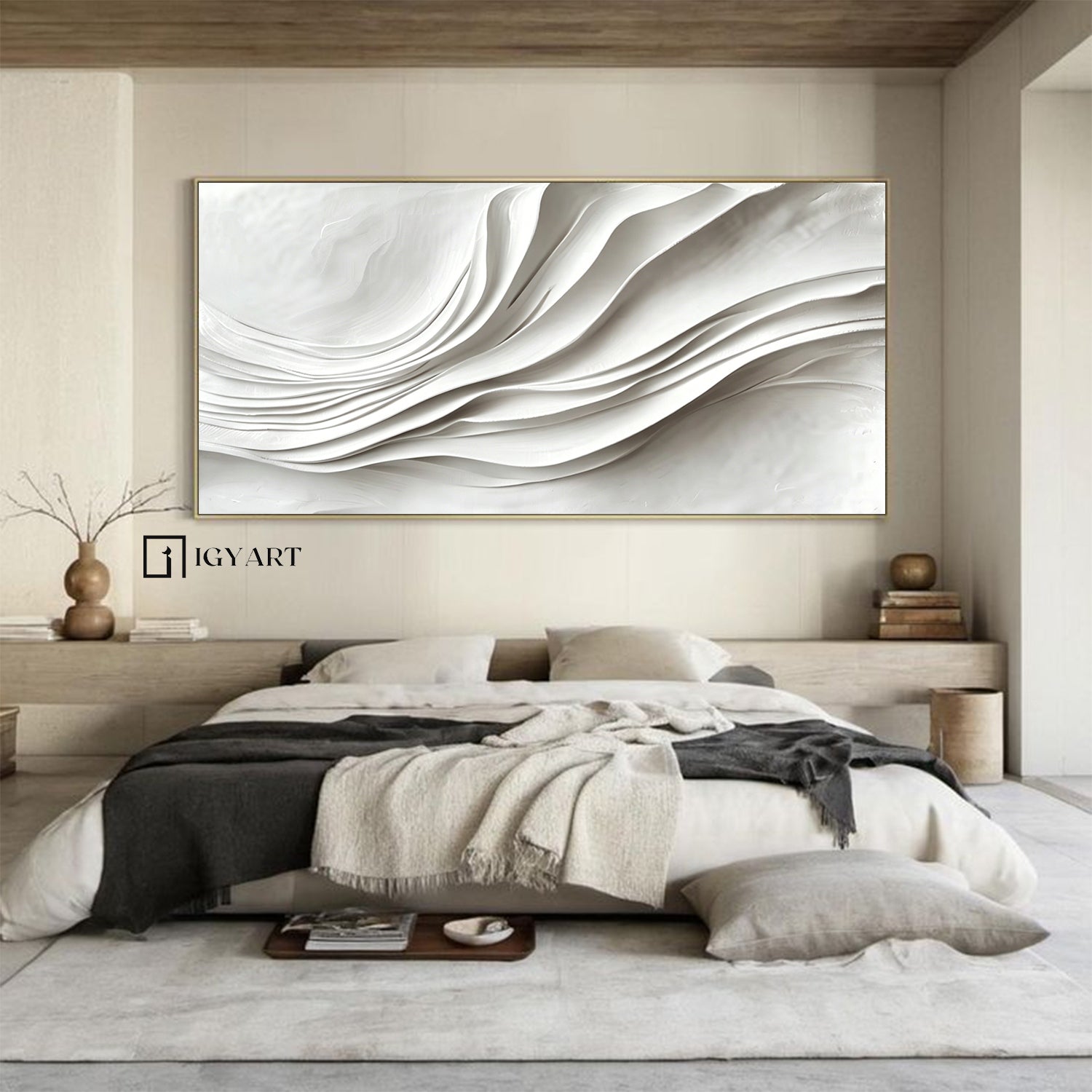 Large White 3D Textured Flowing Wave Wall Art - Modern Minimalist Wood Relief Painting for Living Room