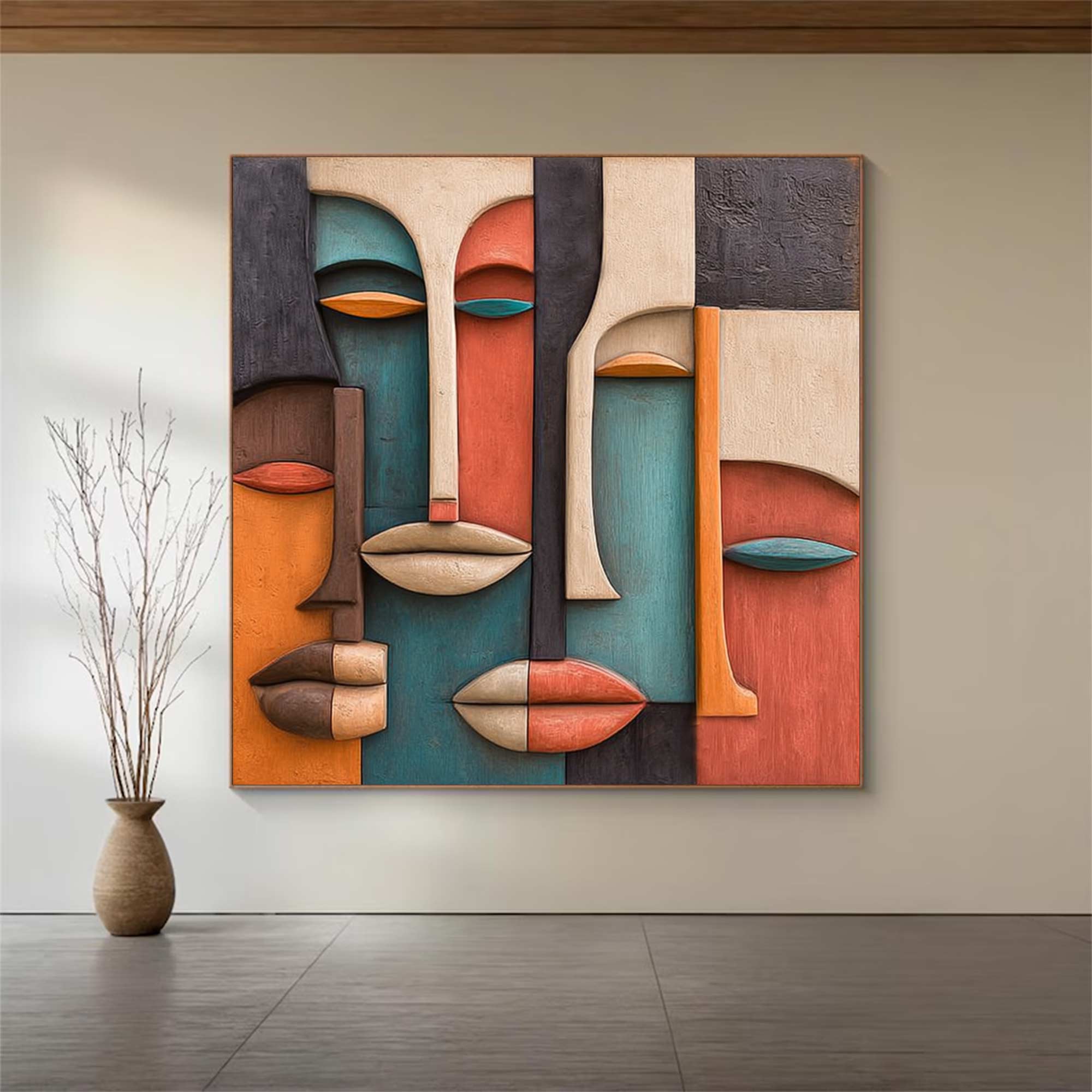 Hand-Painted Wood Carving Wall Art face Abstract 3D Textured Sculpture