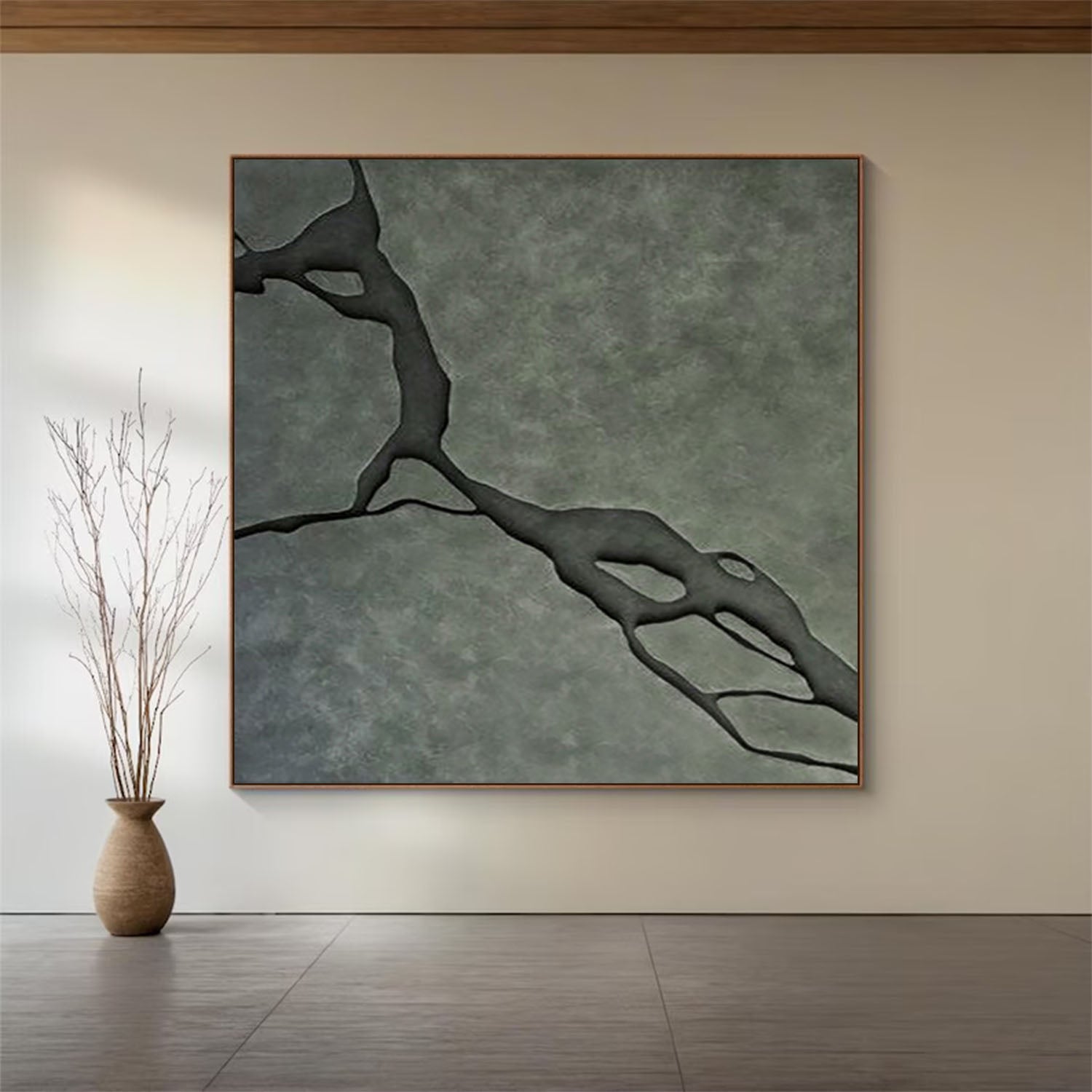 Modern Wood Carving Dark Green 3D Wood Wall Painting Abstract River Sculpture Art