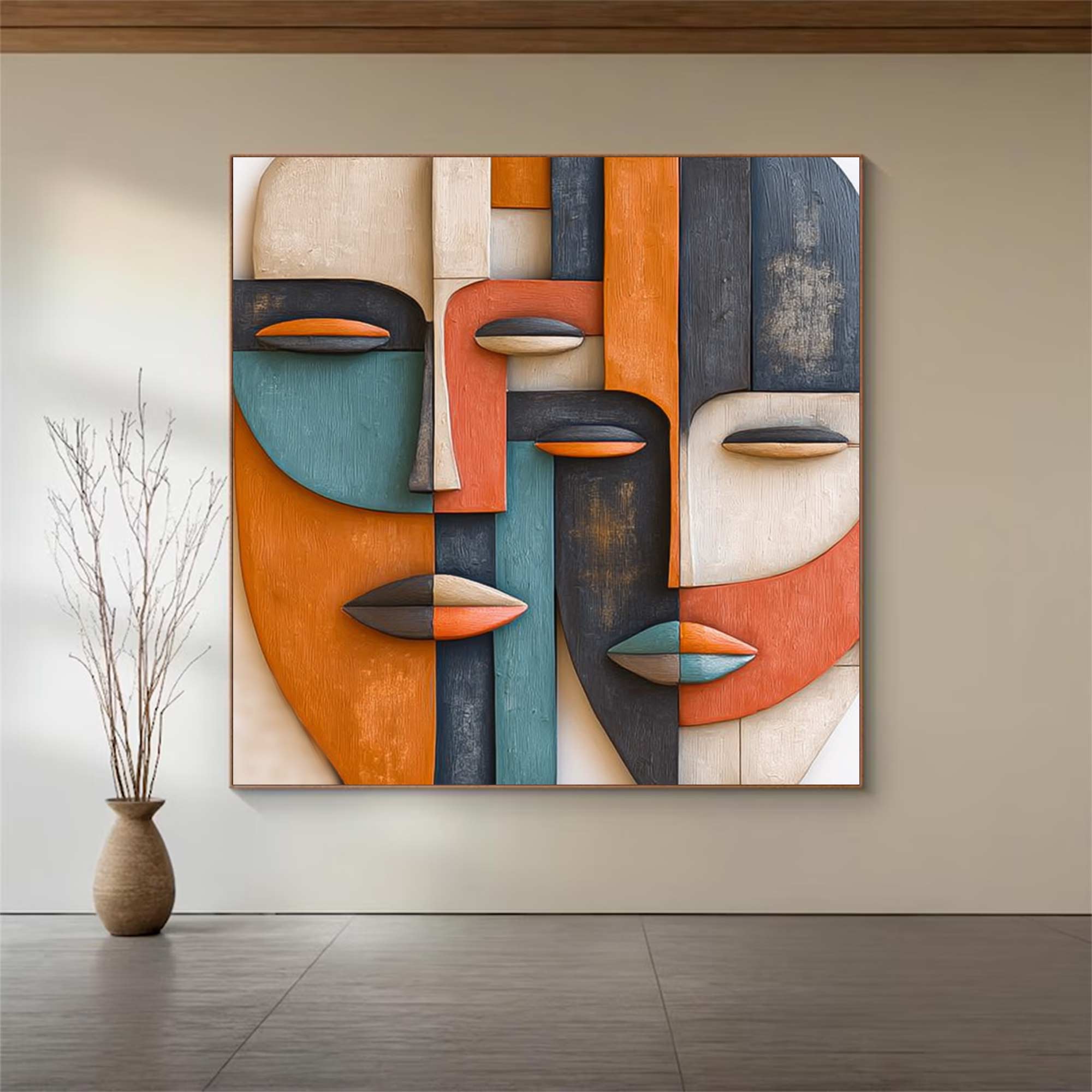 Hand-Painted Wood Carving Wall Art face Abstract 3D Textured Sculpture