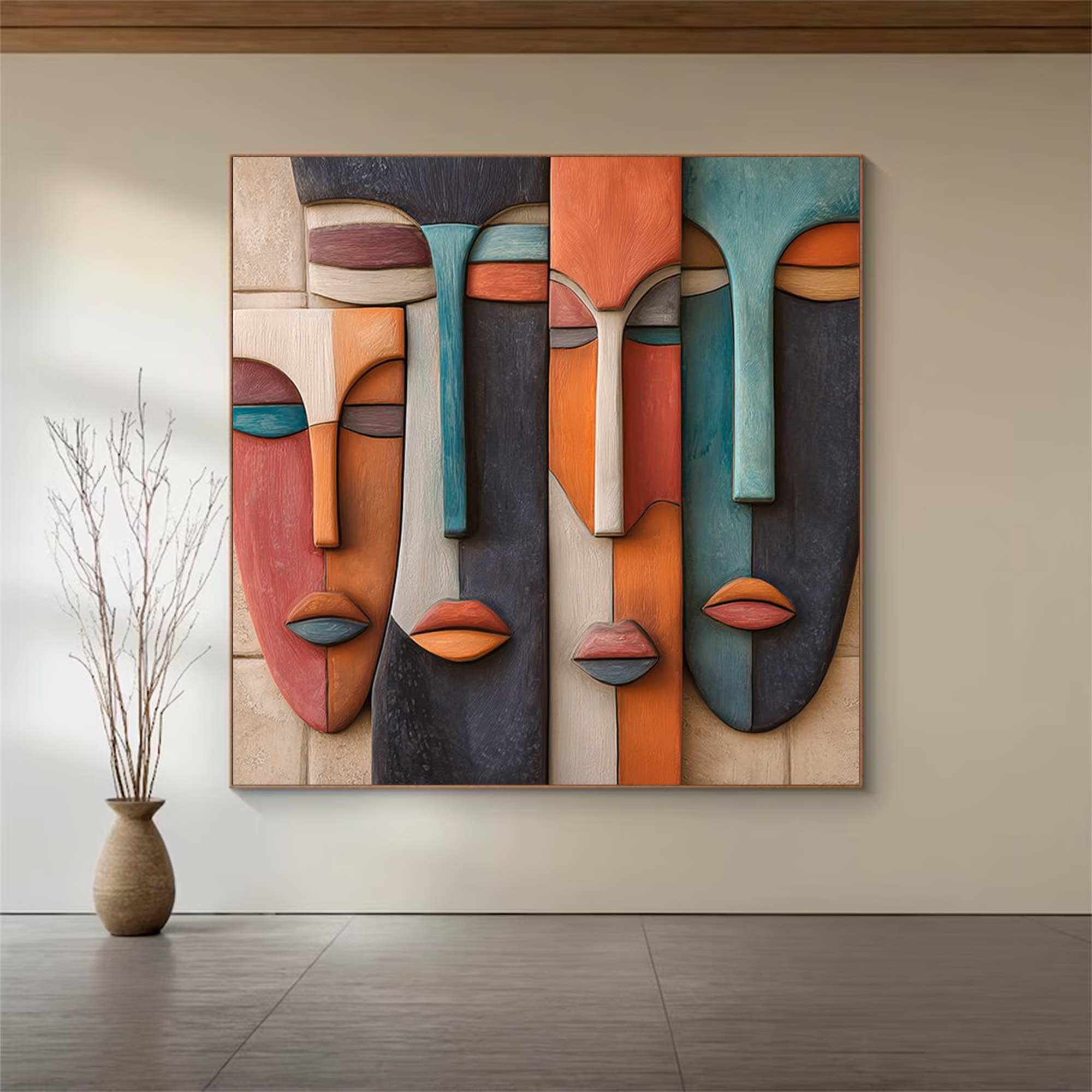 Hand-Painted Wood Carving Wall Art face Abstract 3D Textured Sculpture