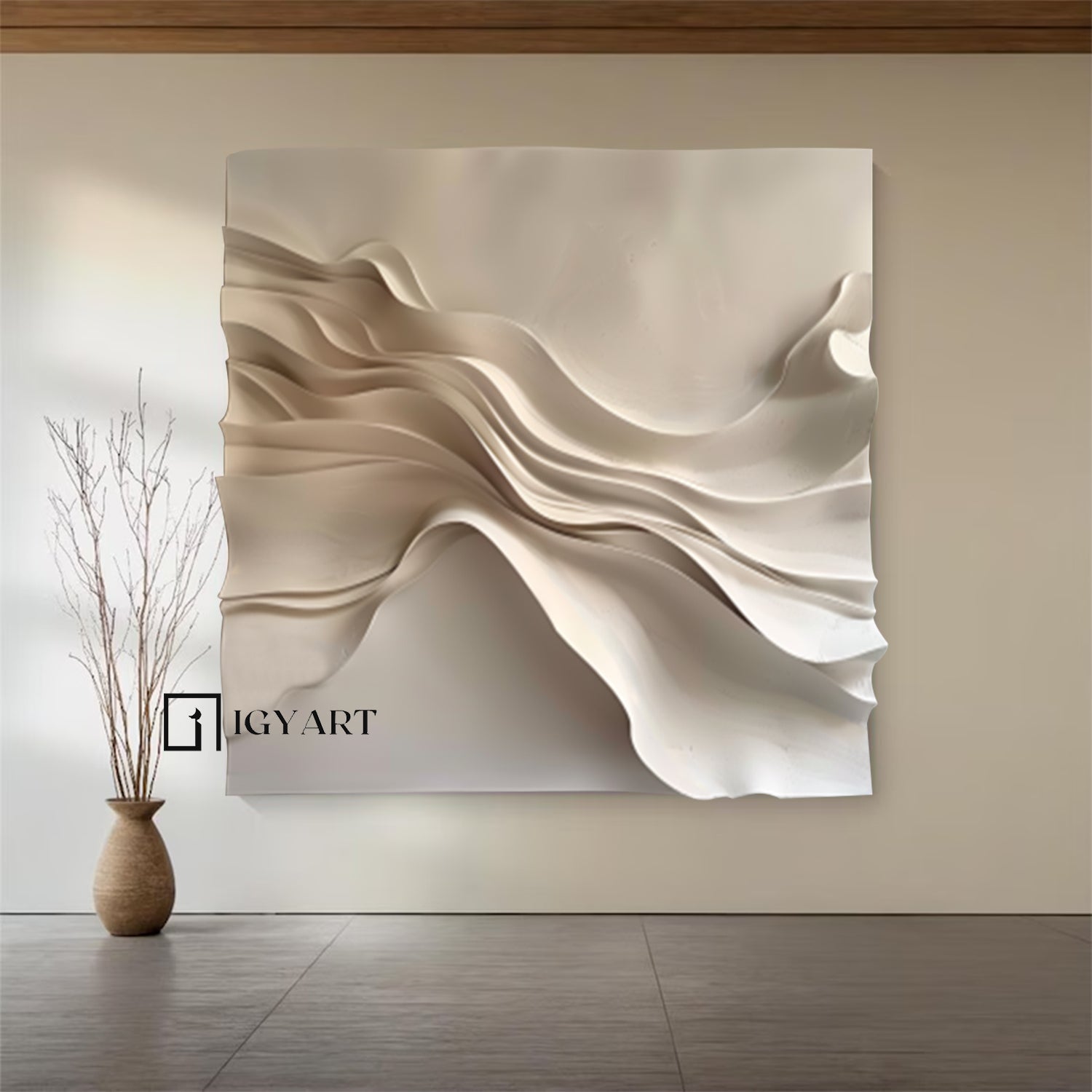 Wood carving wall art Beige Sculptured art 3D Textured Wall Decor