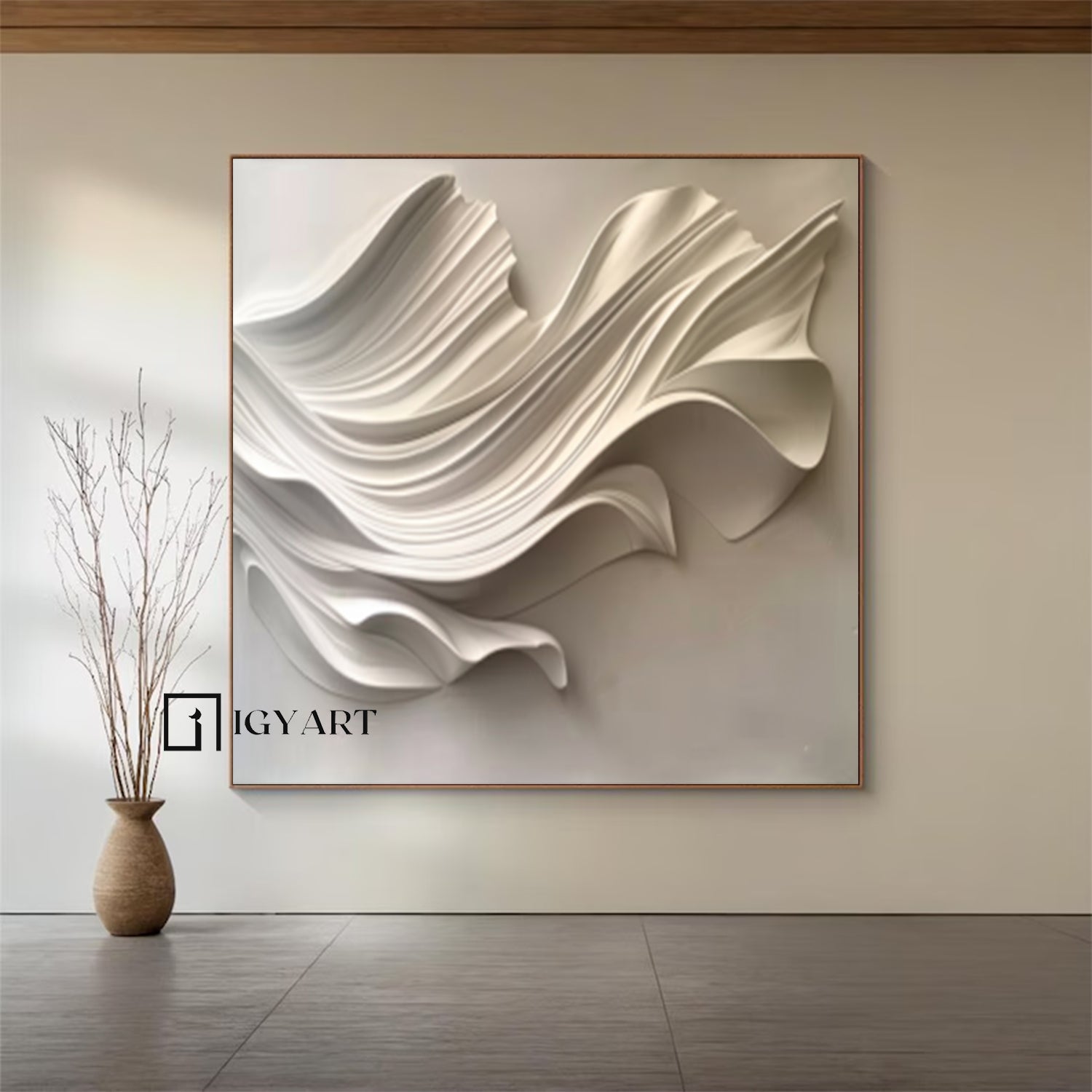 Beige Sculptured art Wood carving wall art 3D Textured Wall Decor