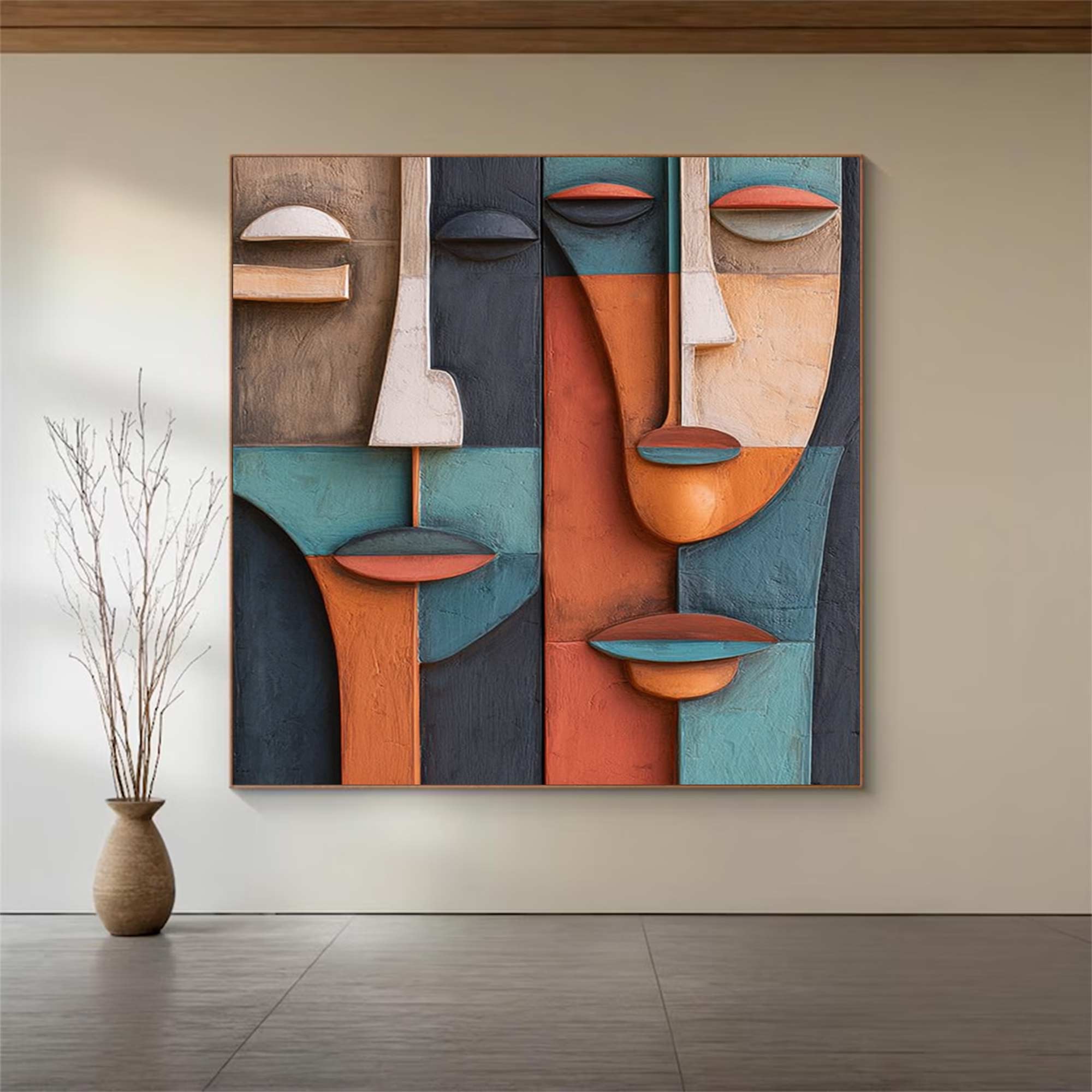 face Abstract 3D Textured Sculpture Hand-Painted Wood Carving Wall Art