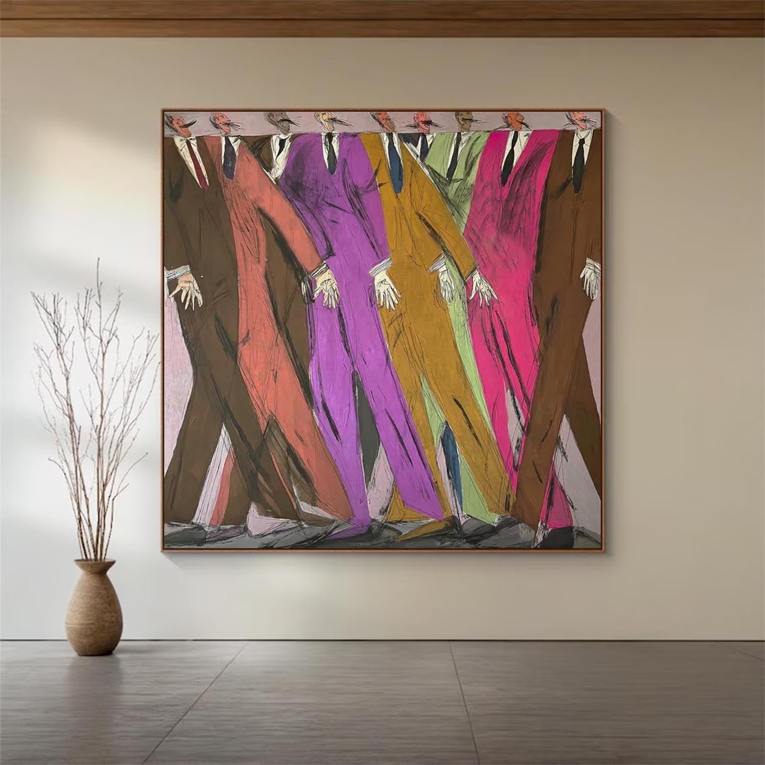 Hand-Painted Colorful Abstract Men Painting - Expressionist Figurative Wall Art for Creative Office