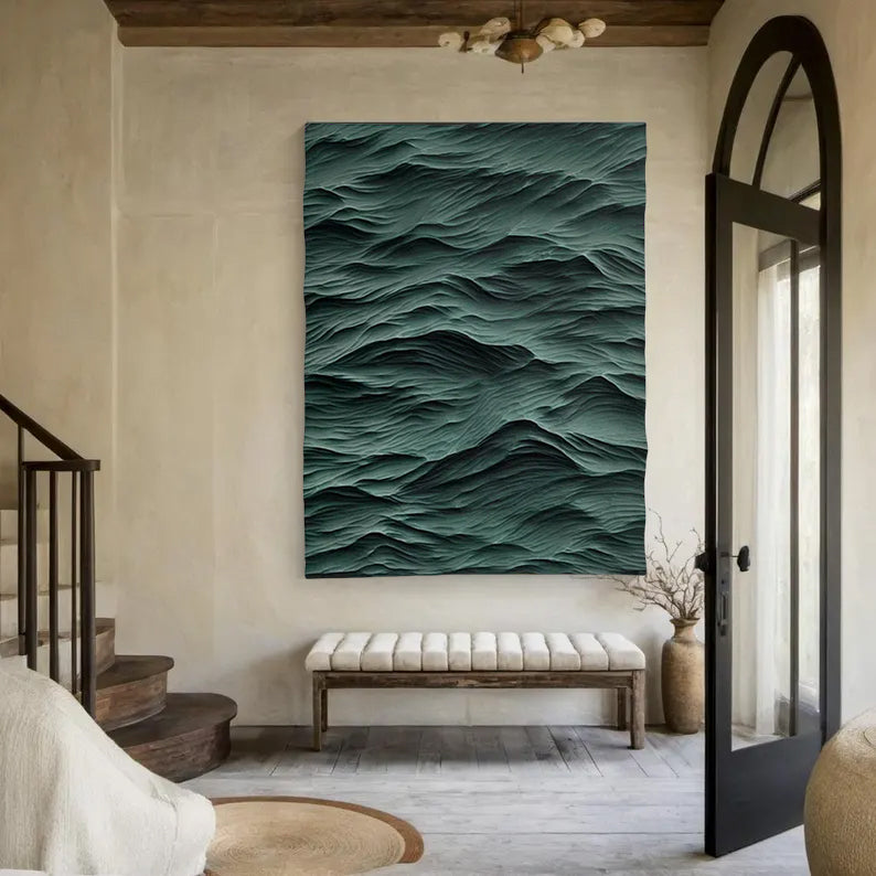 Green sculpture Waves Textured Wall Decor Green Sculptured Wood Block Art Sculptured art Painting
