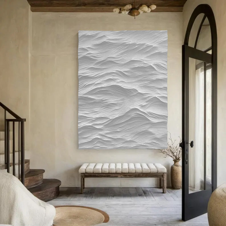 White Sculptured Wood Block Art Sculptured art Painting White sculpture Waves Textured Wall Decor