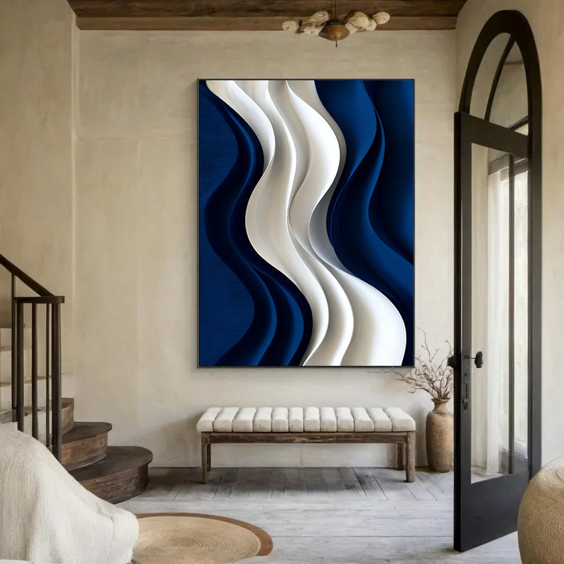 Blue 3D Textured Wall art Hand-Painted Wood Carving Wall Art Blue