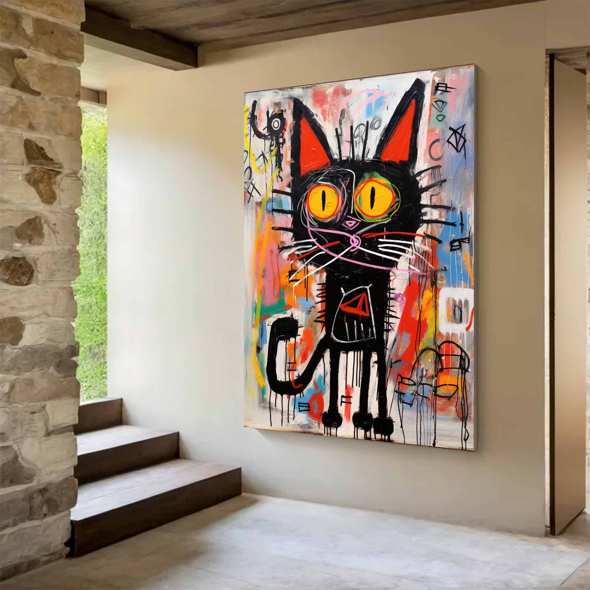 Colorful Pop Art Cat Canvas Abstract Cat Wall Art Modern Street Art Cat