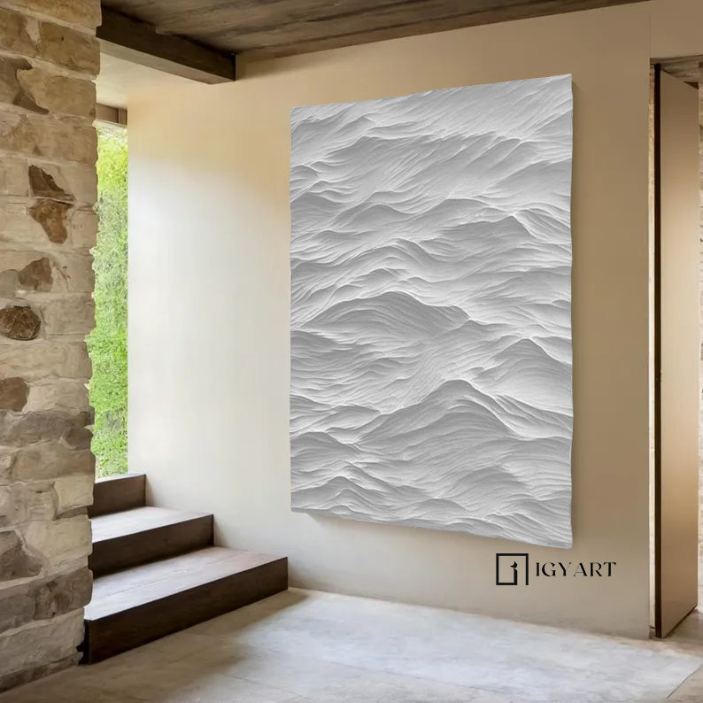 White Sculptured Wood Block Art Sculptured art Painting White sculpture Waves Textured Wall Decor