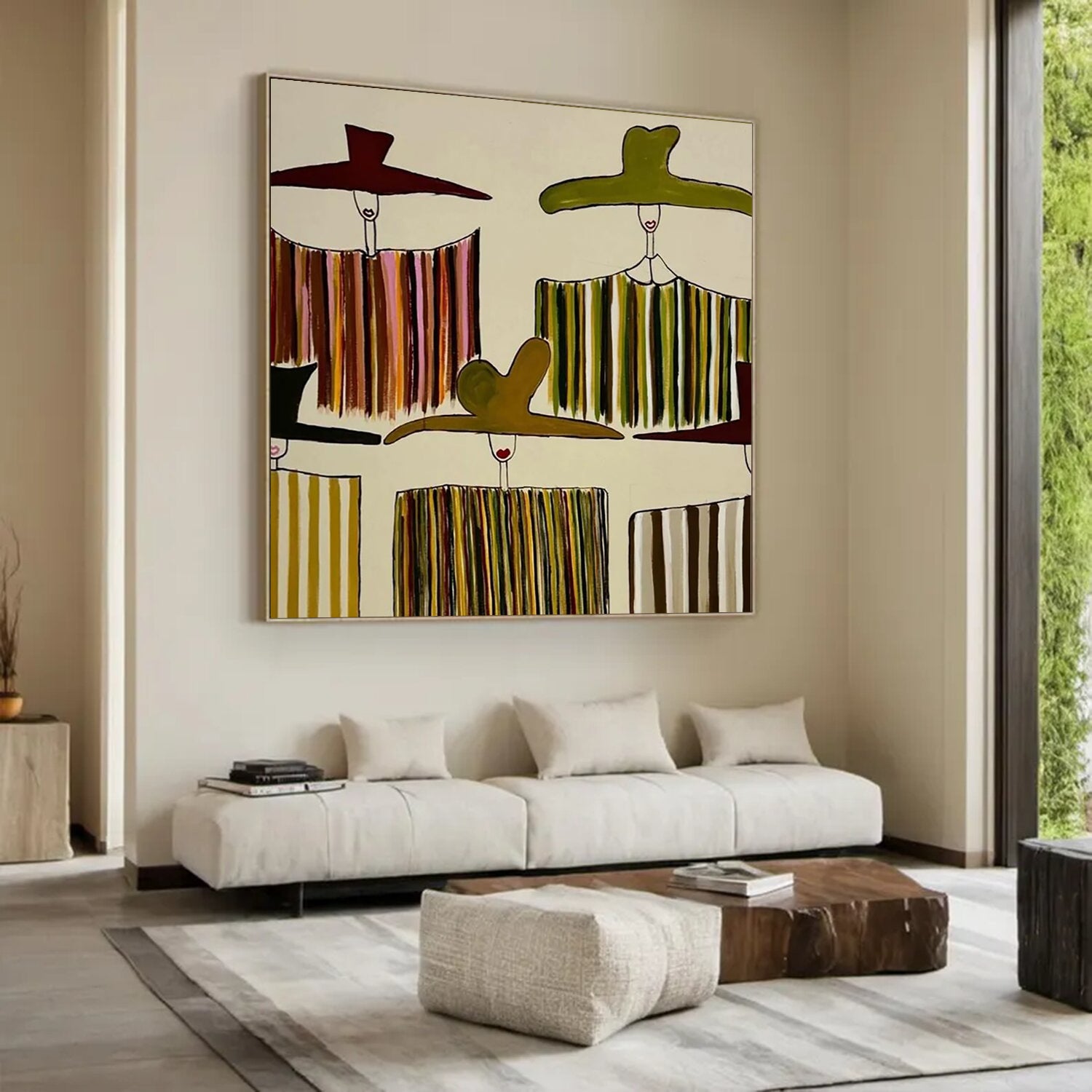 Olive Green figure Abstract Painting Mid-Century Modern Farmhouse wall decor for dining room