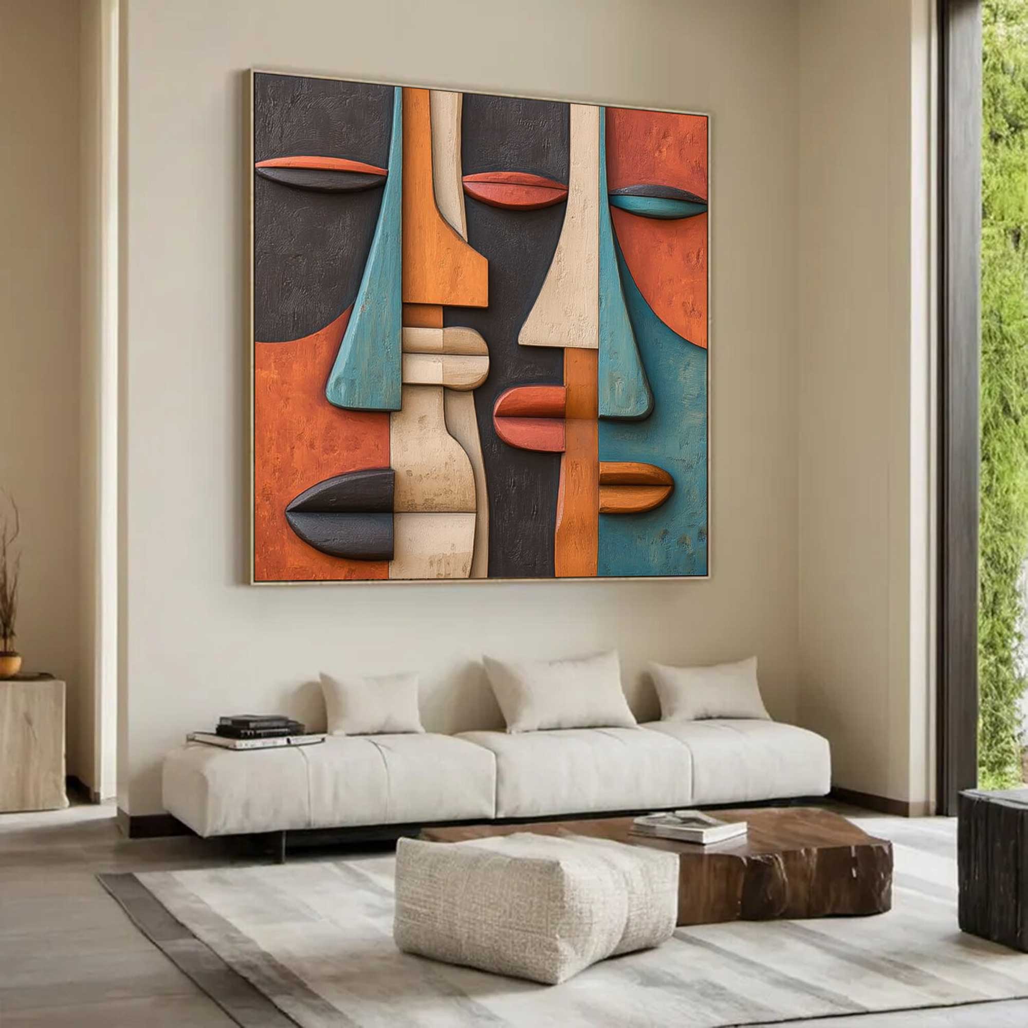 face Abstract 3D Textured Sculpture Hand-Painted Wood Carving Wall Art