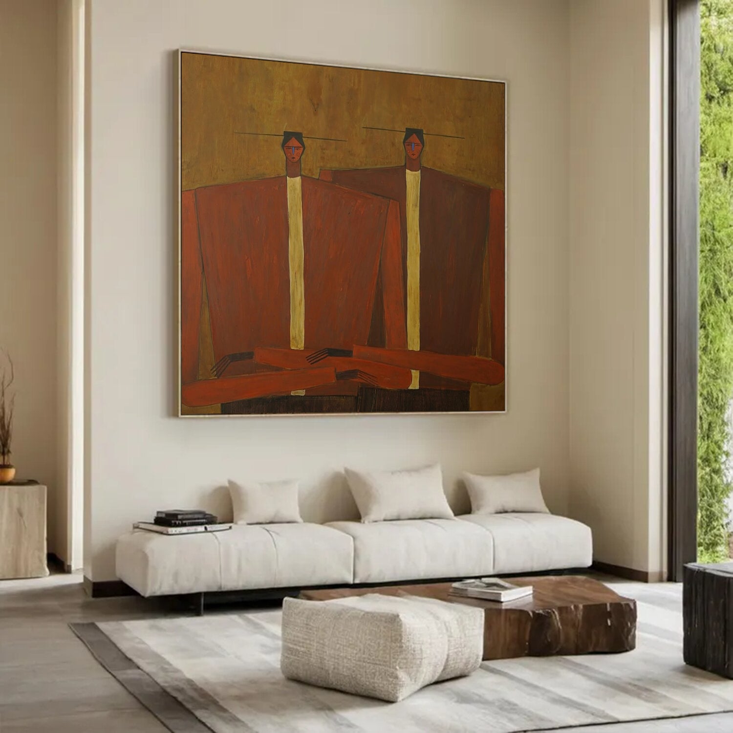 Earth-Toned Abstract Figurative Painting - Modern Folk Art Style Decor