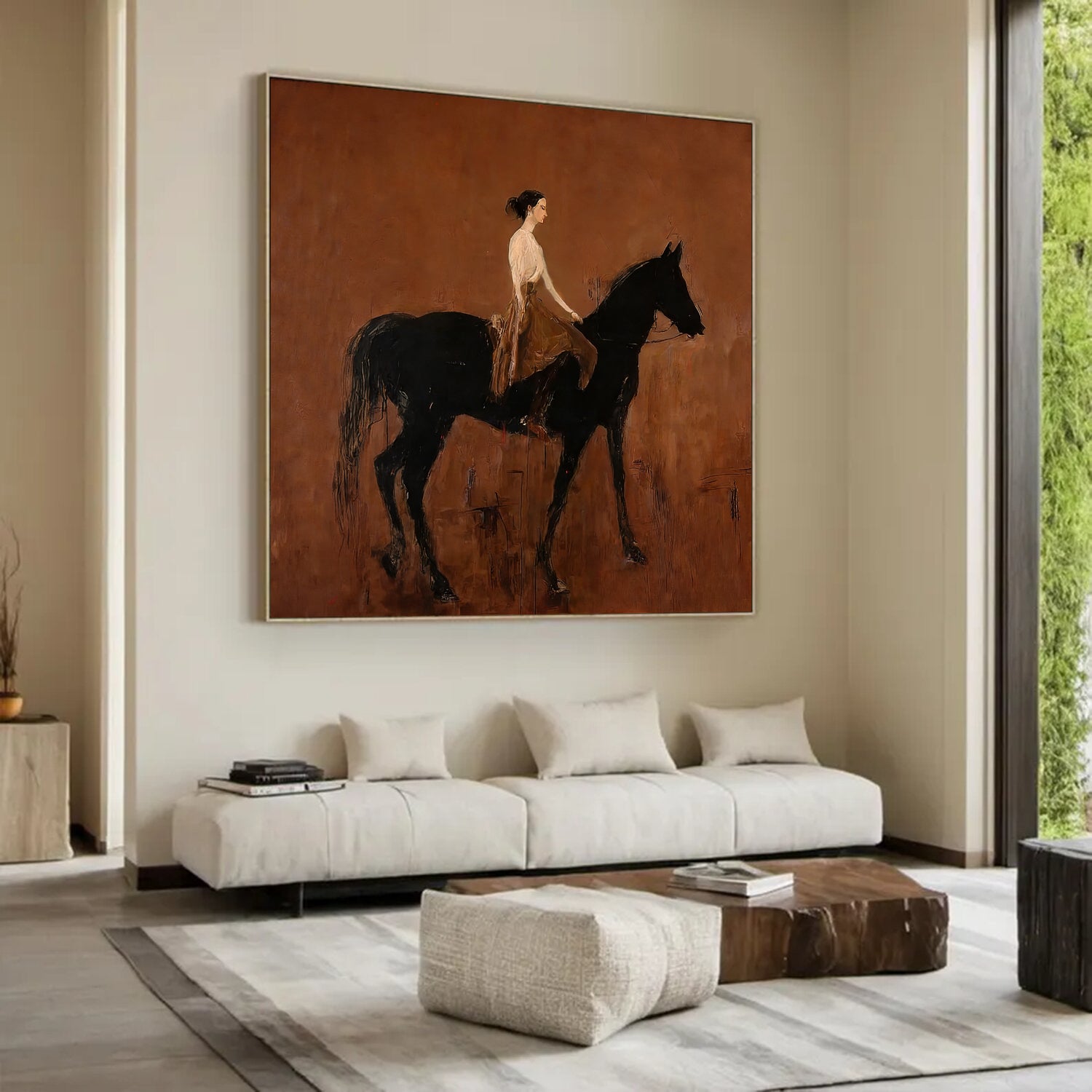 Black Horse Painting Modern Folk Art Person Riding Horse Wall Decor