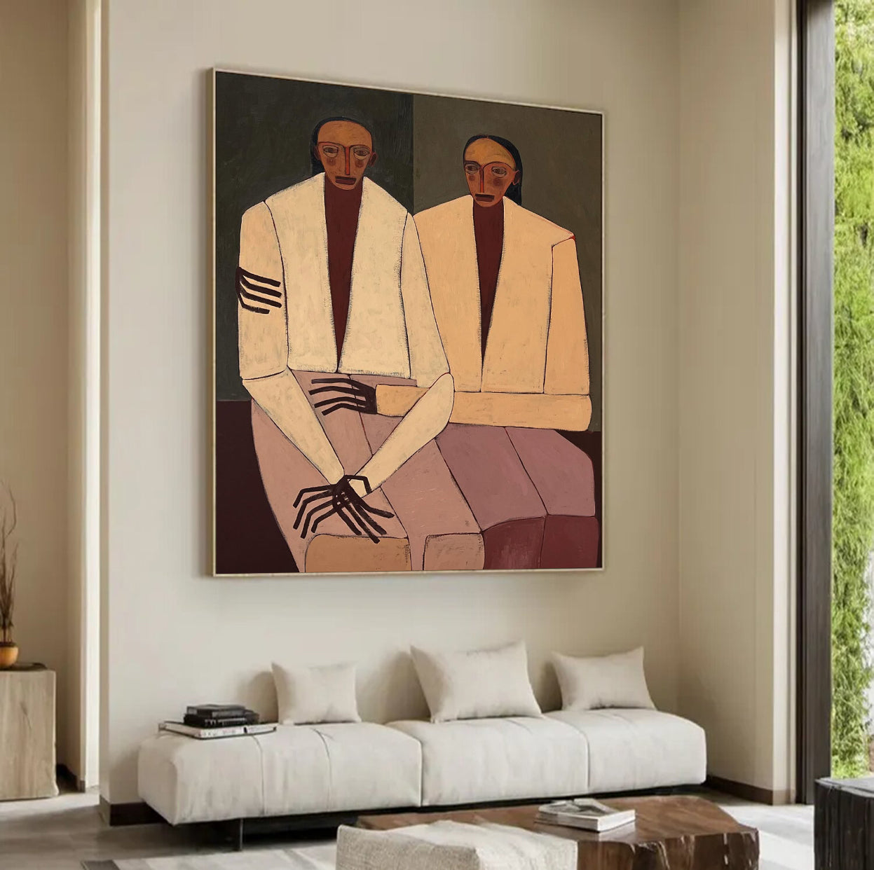 Double Portraits art Boho figurative art Neutral Beige Above sofa art