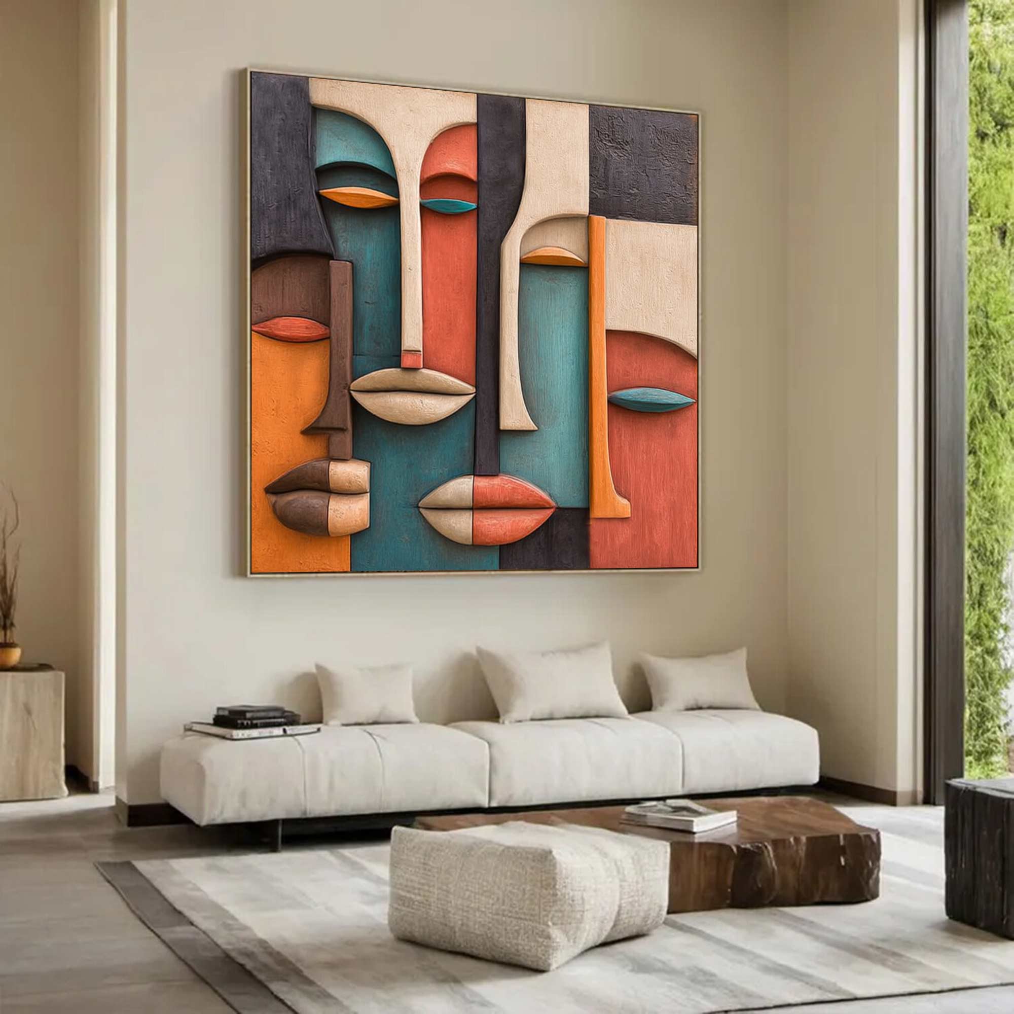 Hand-Painted Wood Carving Wall Art face Abstract 3D Textured Sculpture
