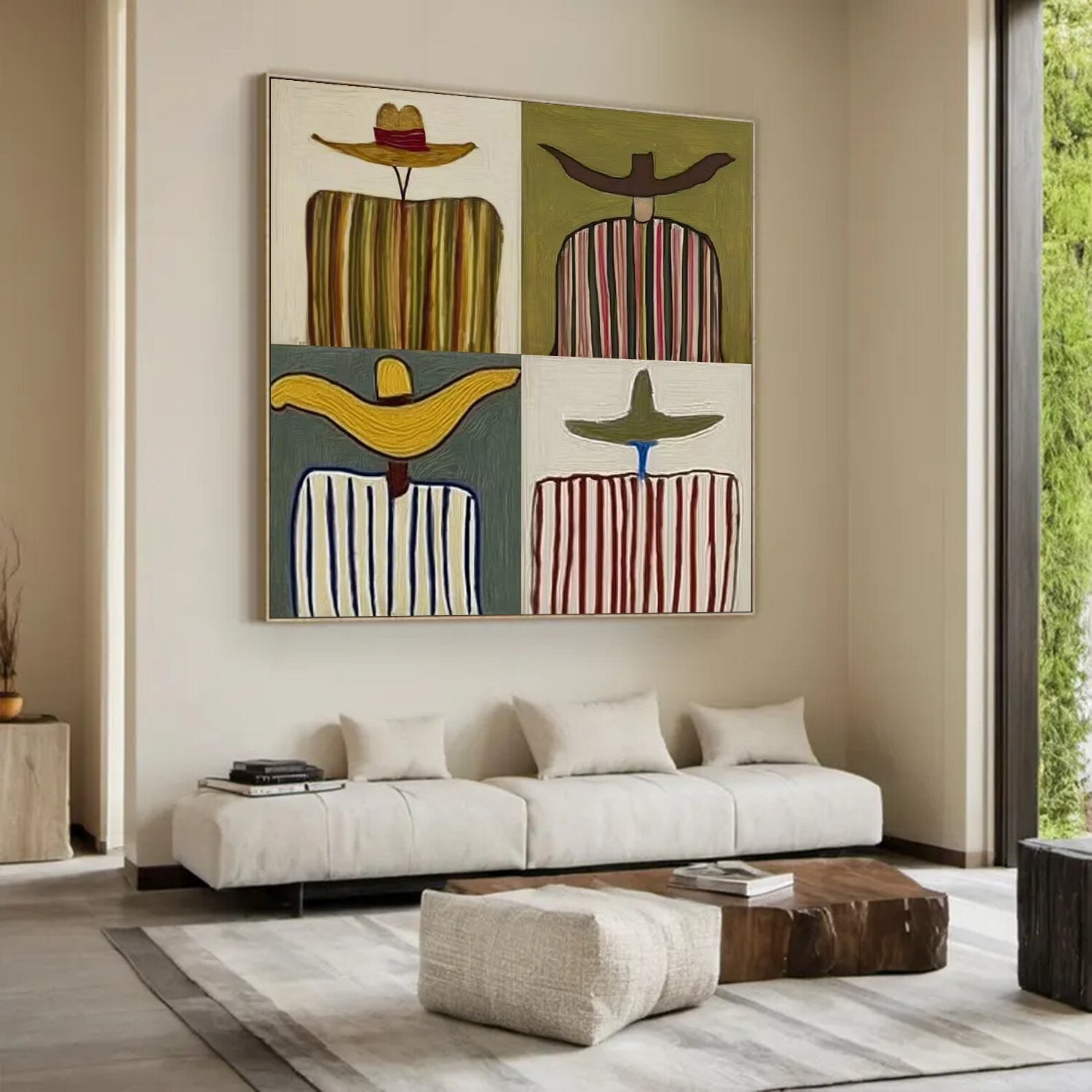 Mid Century Modern Person Portrait Painting Square Framed Art for Living Room