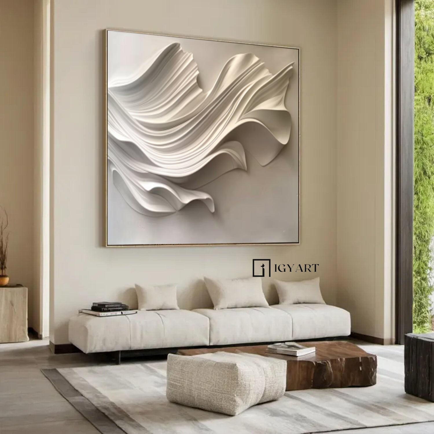 Beige Sculptured art Wood carving wall art 3D Textured Wall Decor