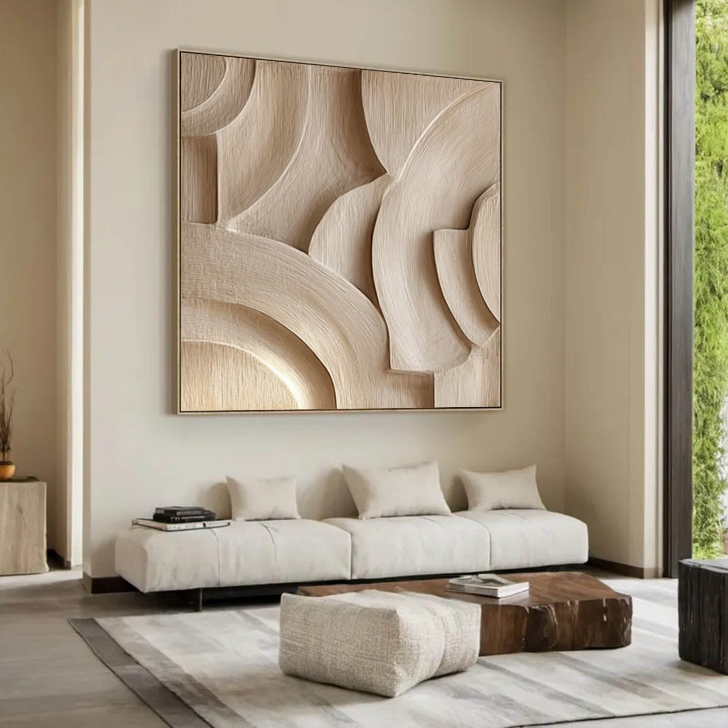 Beige Sculptured art Beige Wood carving wall art Textured Wall Decor