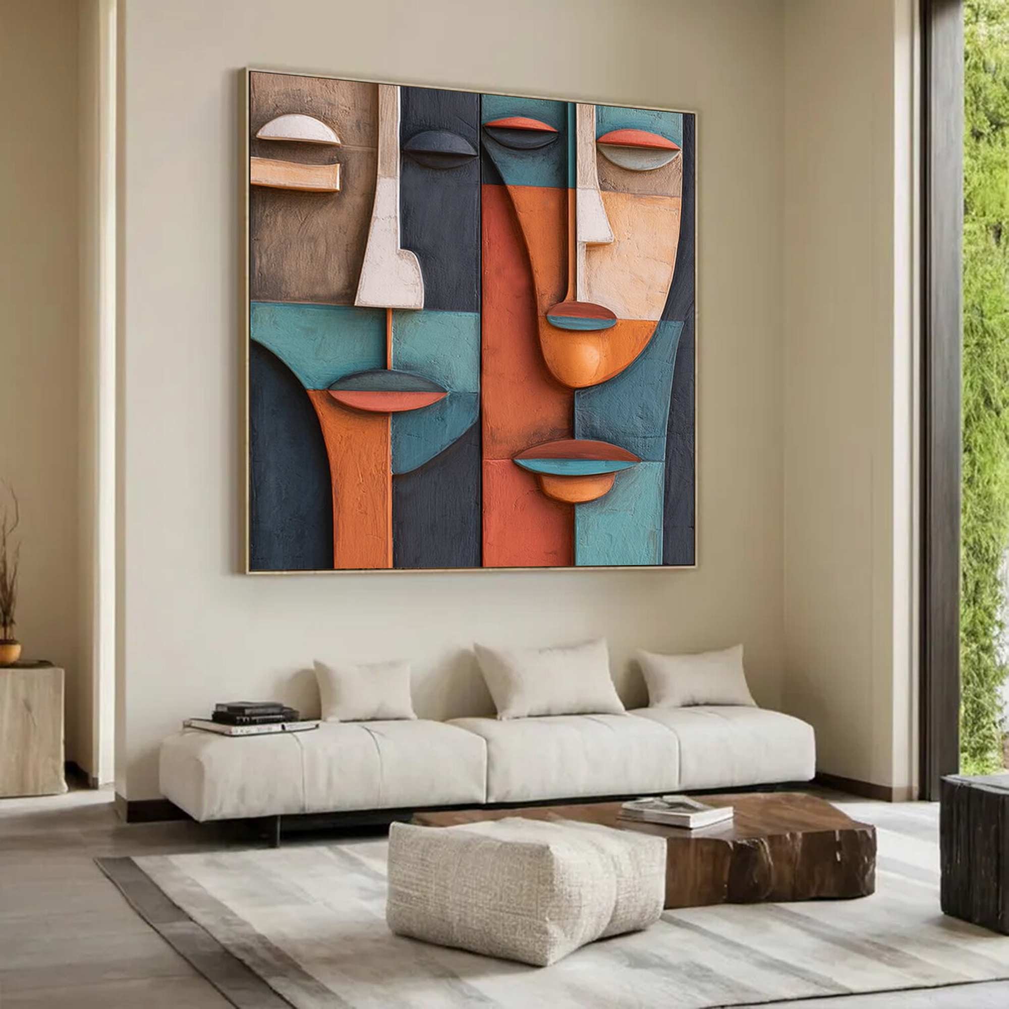 face Abstract 3D Textured Sculpture Hand-Painted Wood Carving Wall Art