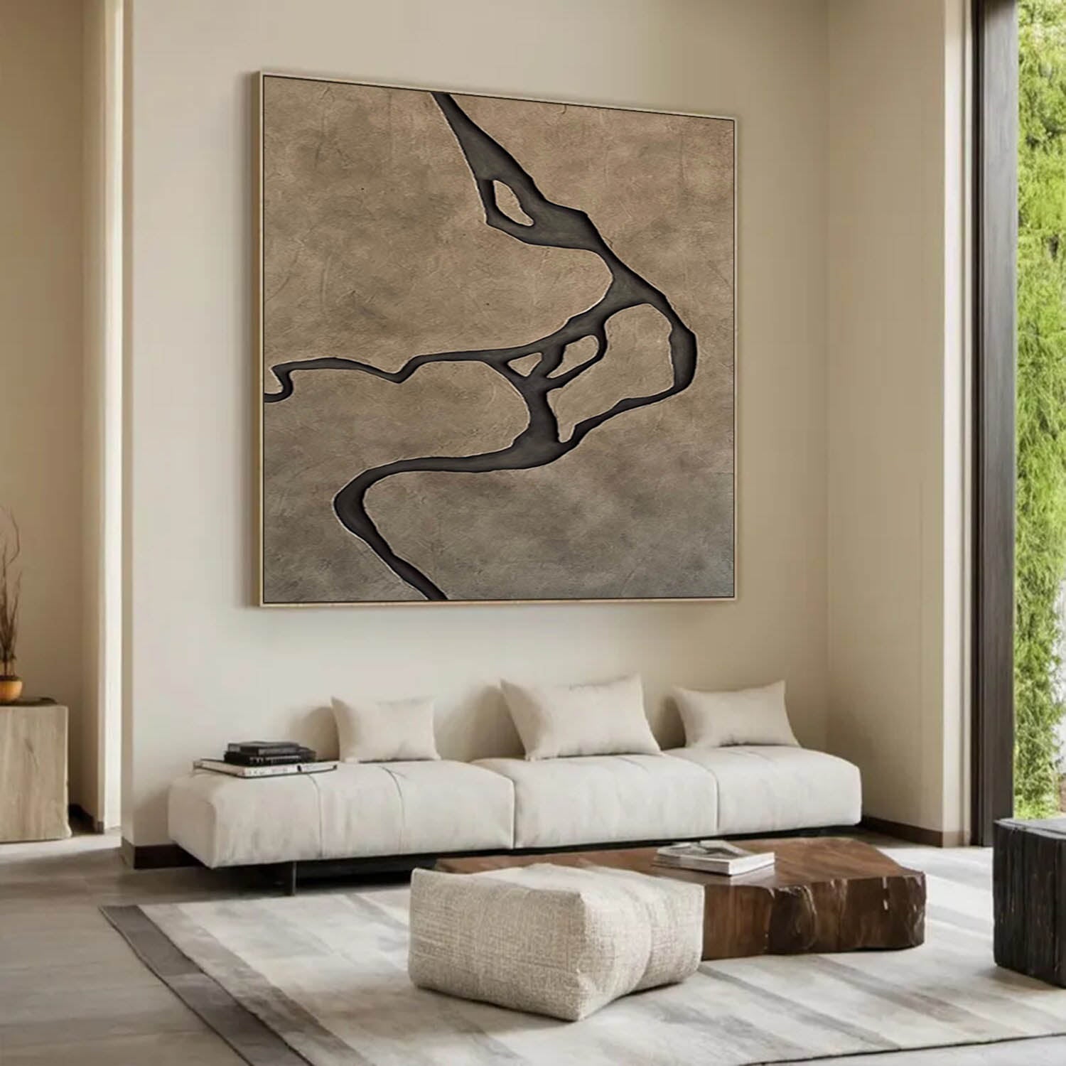 Earth Tone Japandi style 3D Wood Wall Art Wabi-Sabi River Relief for Living Room