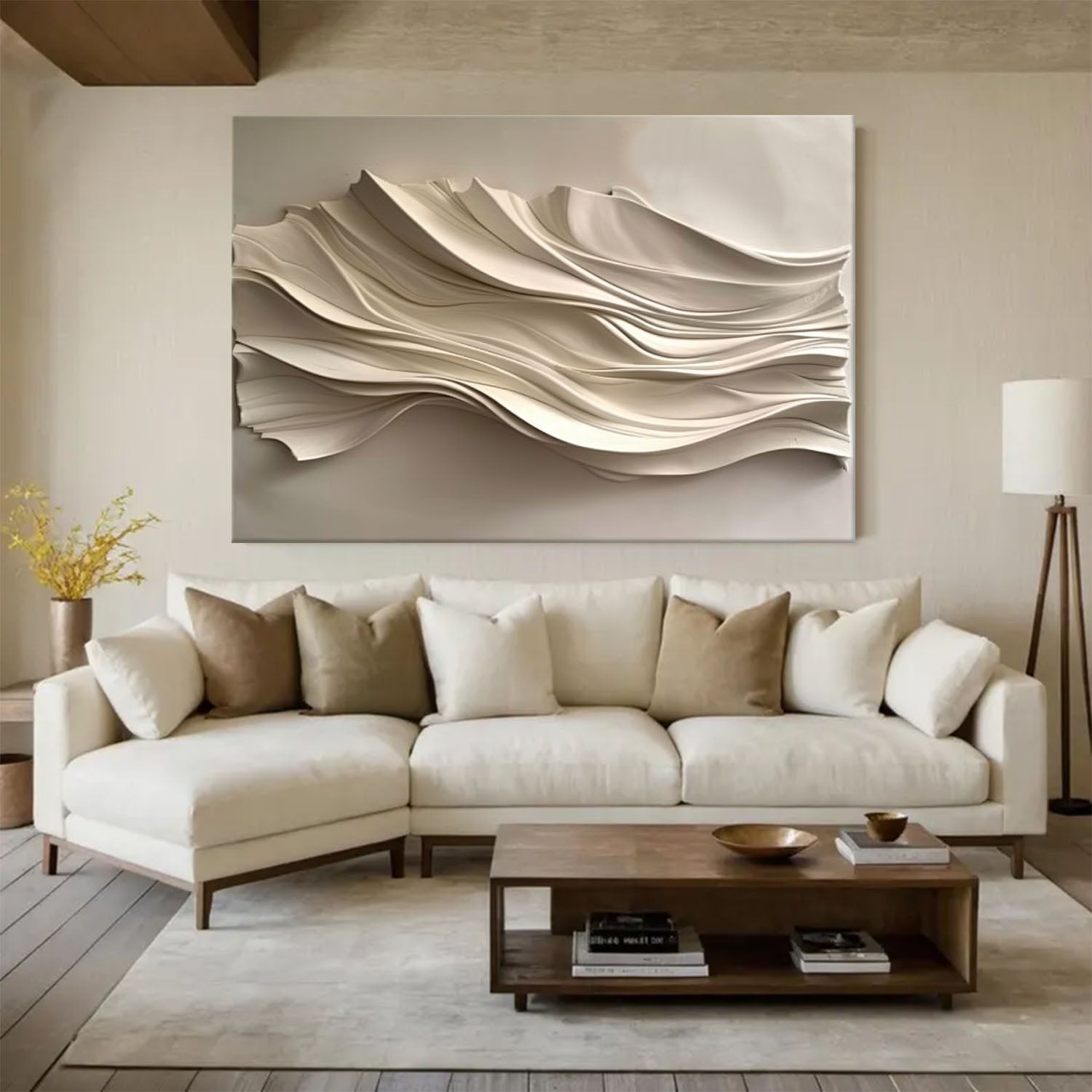 Beige Sculptured art Wood carving wall art Beige 3D Textured Wall Art