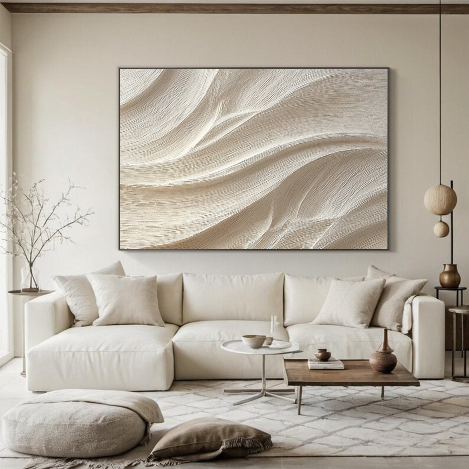 Cream White Sculptured art Wood carving wall art Textured Wall Decor