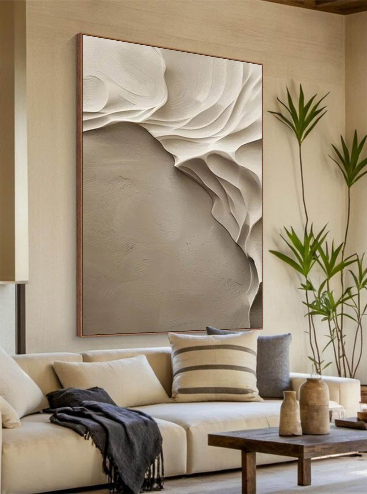 Beige grey Sculptured art Beige grey wood carving wall art Vertical wood carving wall art Customized colors