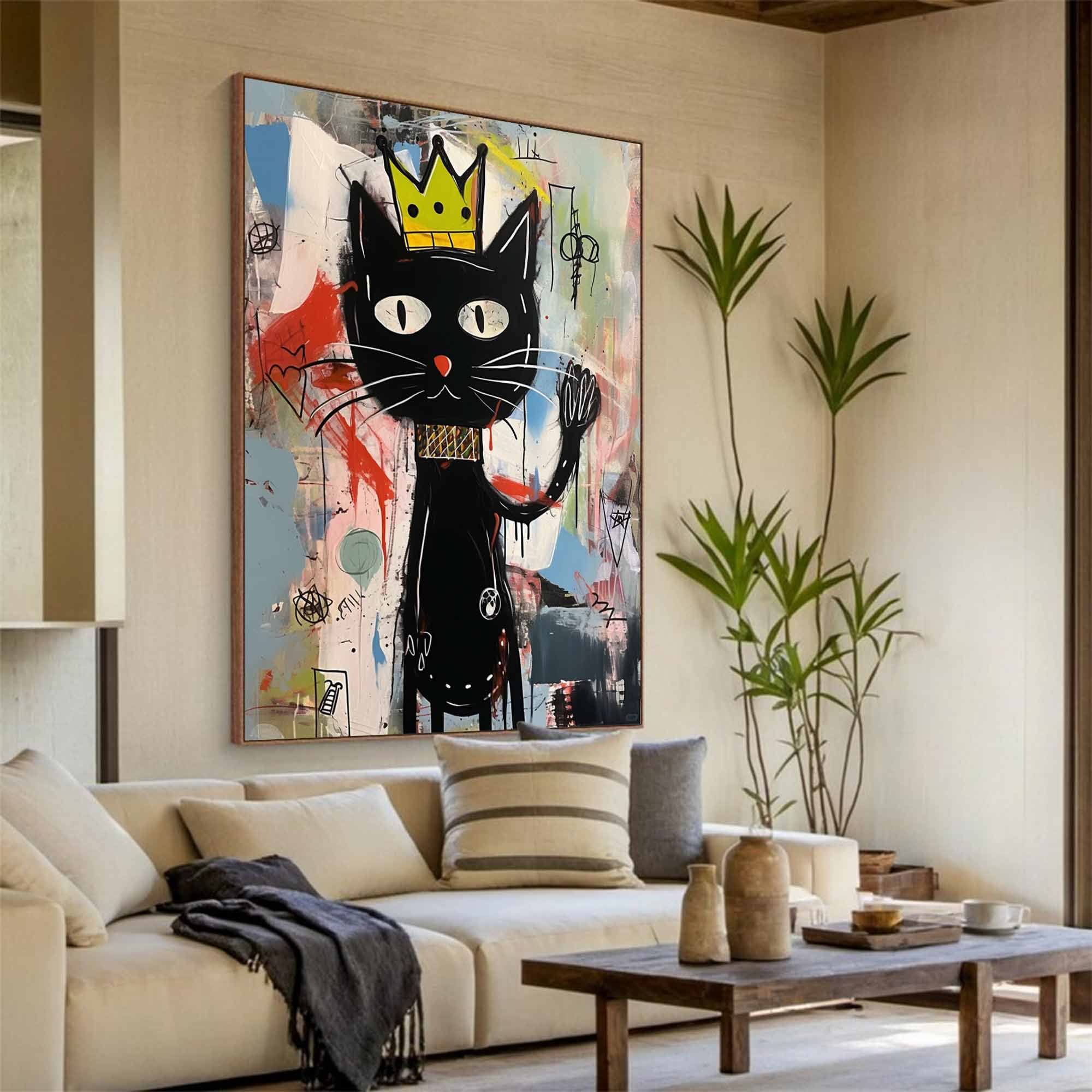 Graffiti Black Cat Painting Colorful Pop Art Canvas,Street Art Cat Wall Decor