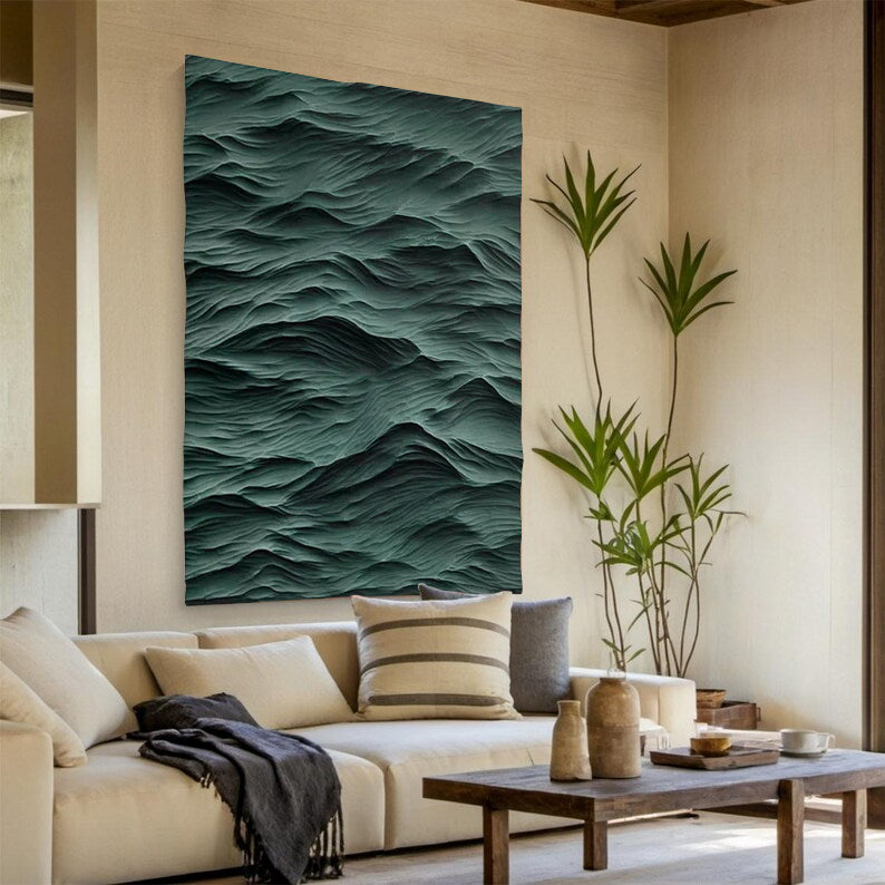 Green sculpture Waves Textured Wall Decor Green Sculptured Wood Block Art Sculptured art Painting