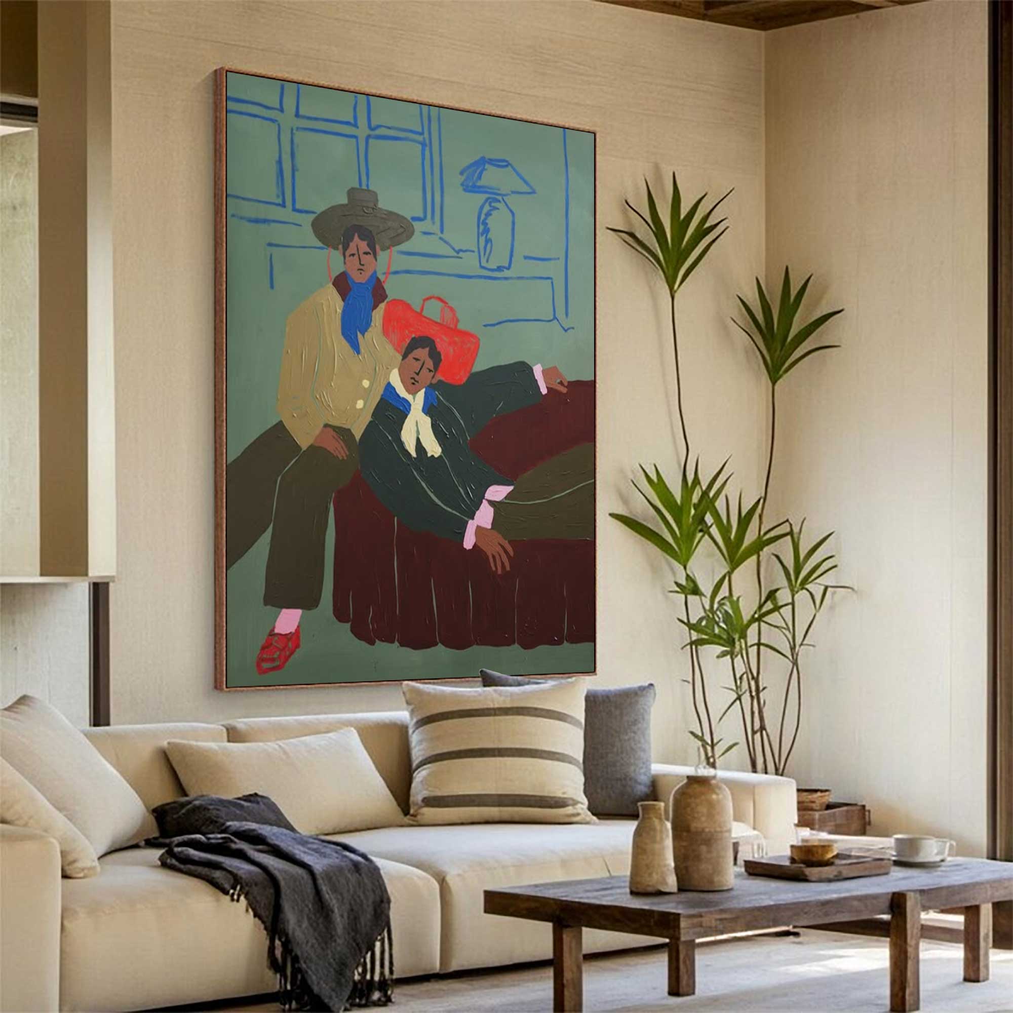 Bold Color Figurative Art folk art painting of two men in retro cowboy hats