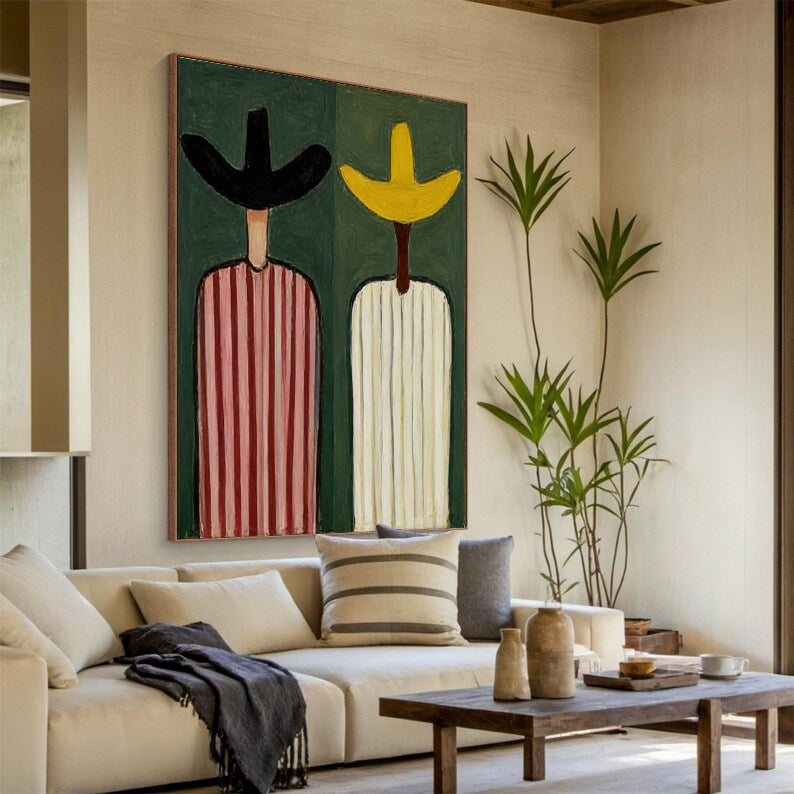 Modern Abstract Cowboy Oil Painting - Mid-century modern colorful striped figures