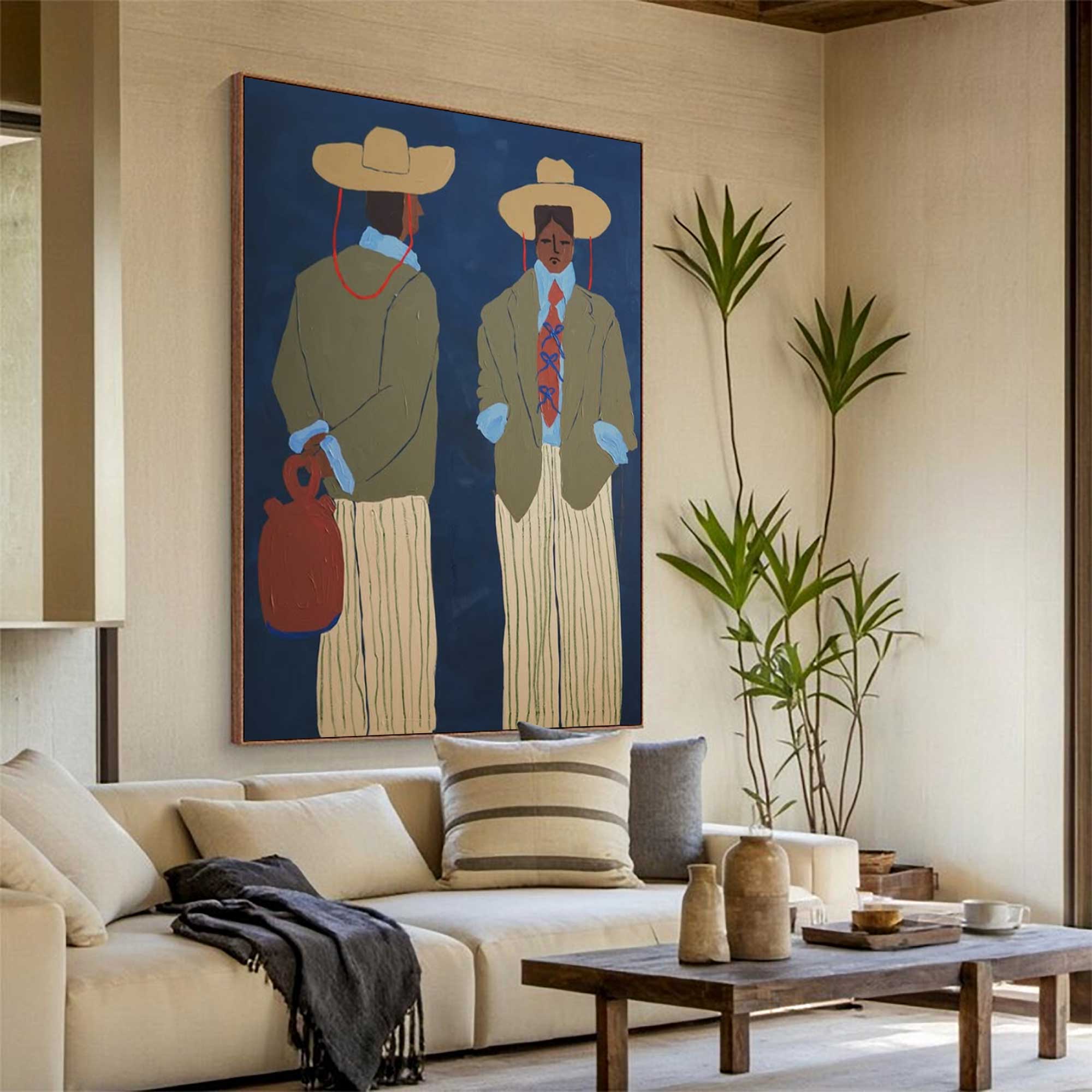 contemporary folk style male figure duo art Vintage Fashion Art Painting