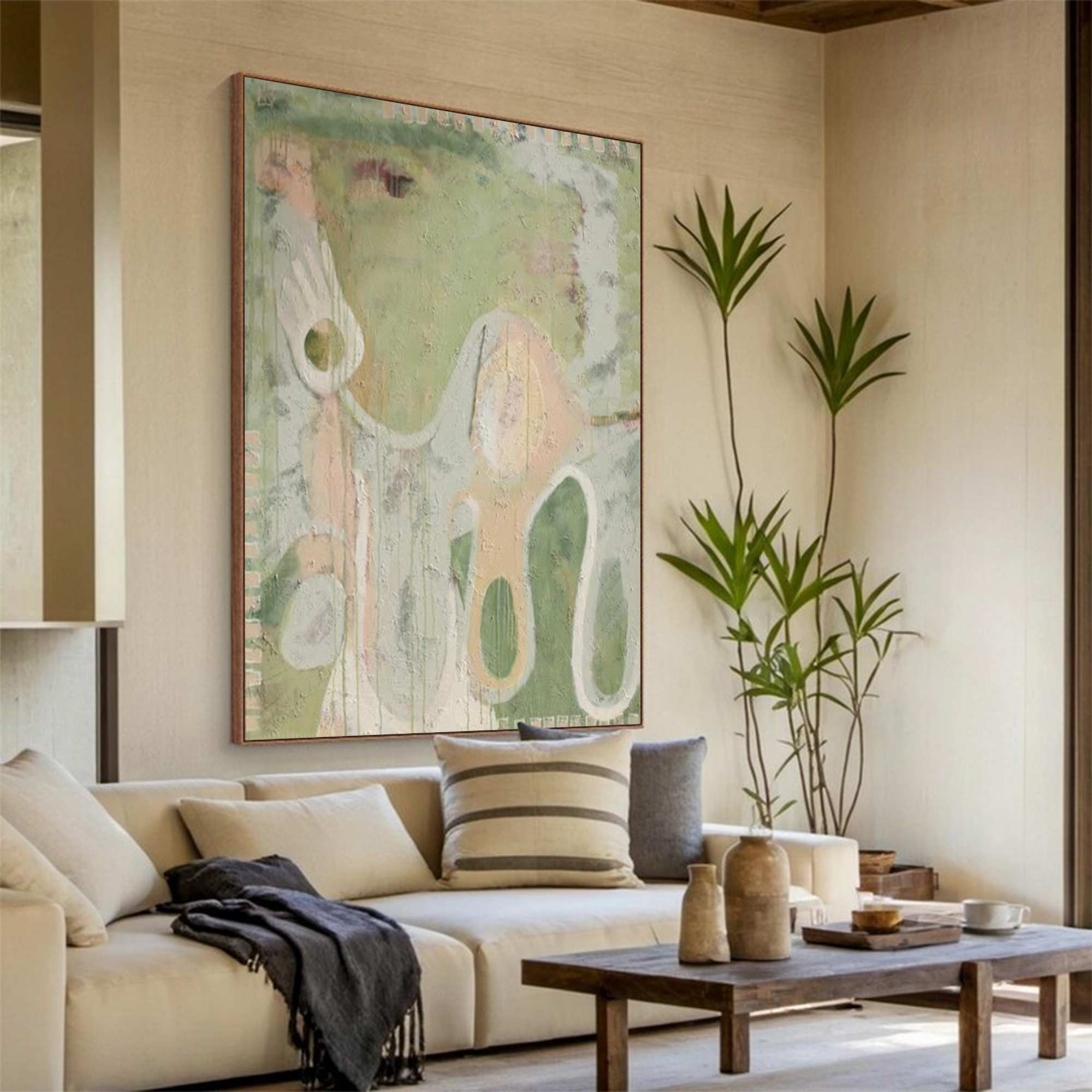 Green abstract painting, green graffiti art, green textured living room wall decor