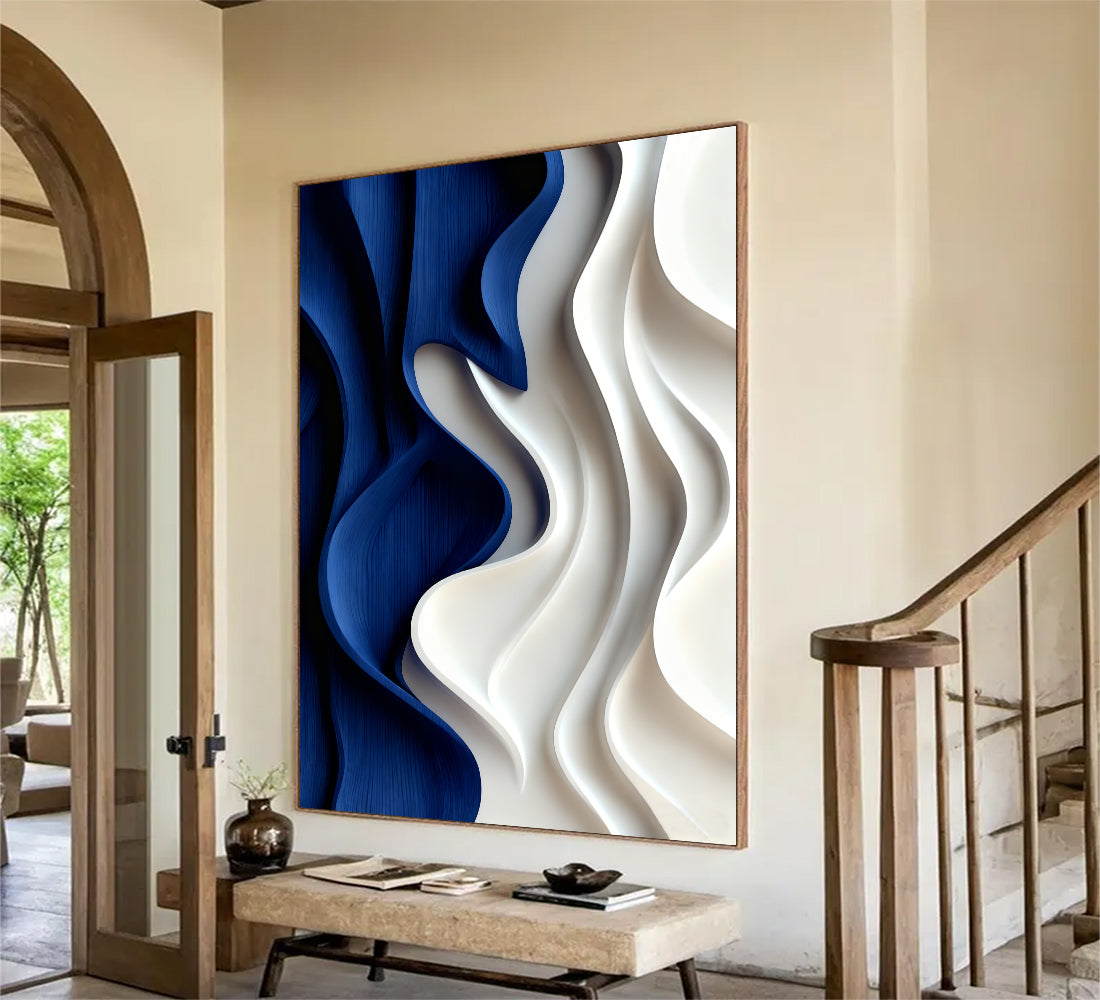Blue Sculptured art Painting Wood carving wall art Blue 3D Textured Wall art