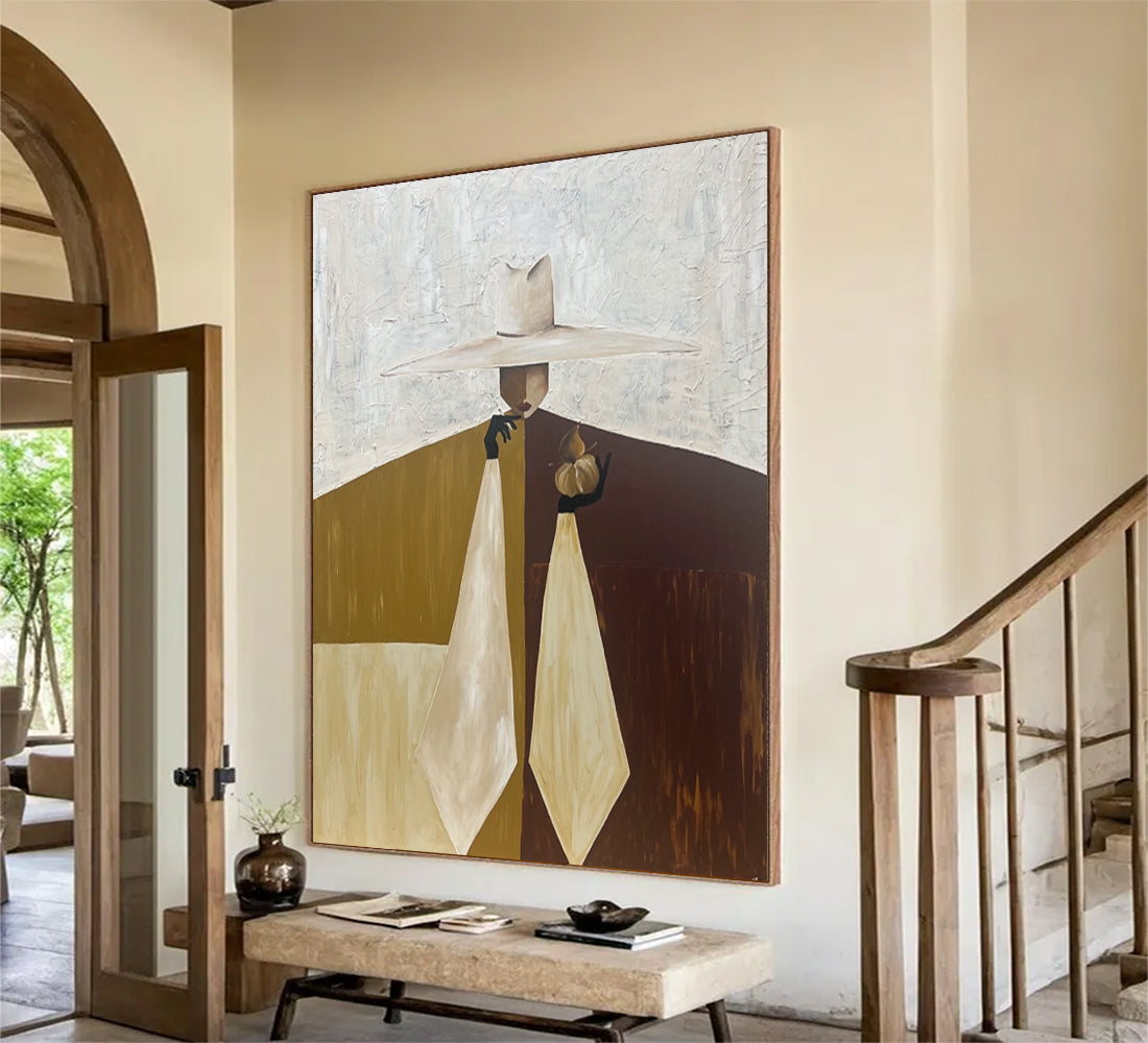 Hand-Painted Mid-Century Modern Abstract Portrait - Earthy Wall Art