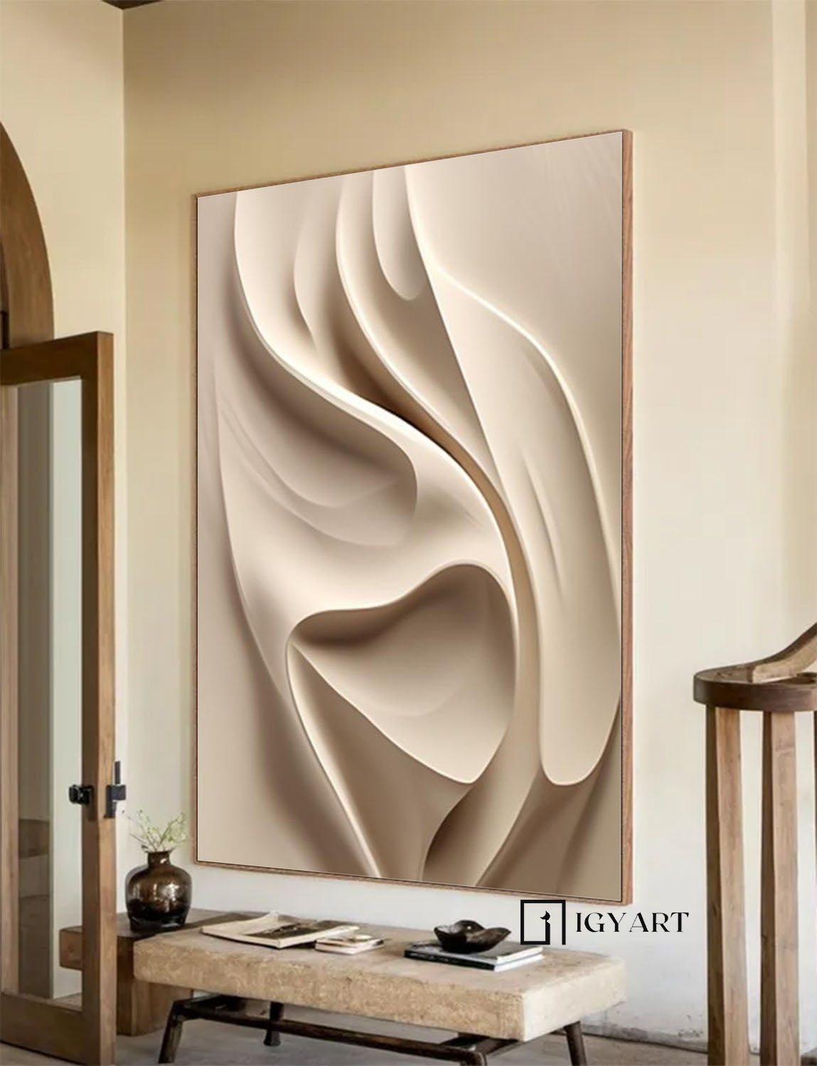 Beige wood carving wall art Beige Sculptured art Vertical wood carving wall art Customized colors