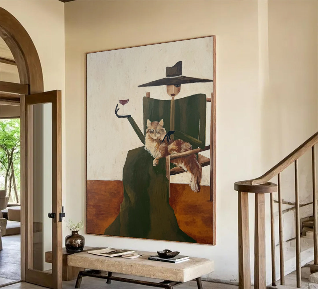 Hand-Painted Woman & Cat Oil Painting | Modern Minimalist Wall Art